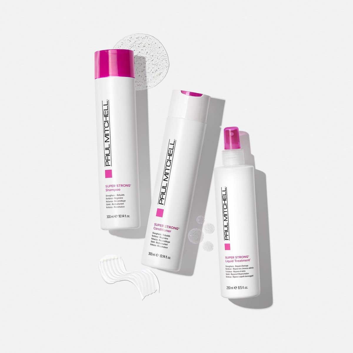 Artistic image of Paul Mitchell Super Strong Collection with smears around each bottle