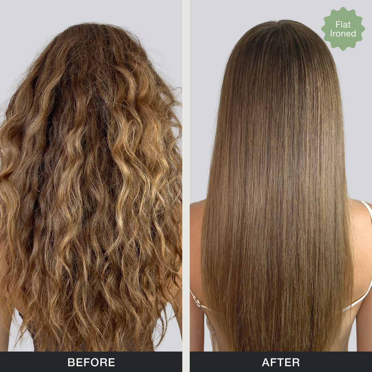 Back facing before and after model with flat ironed hair.