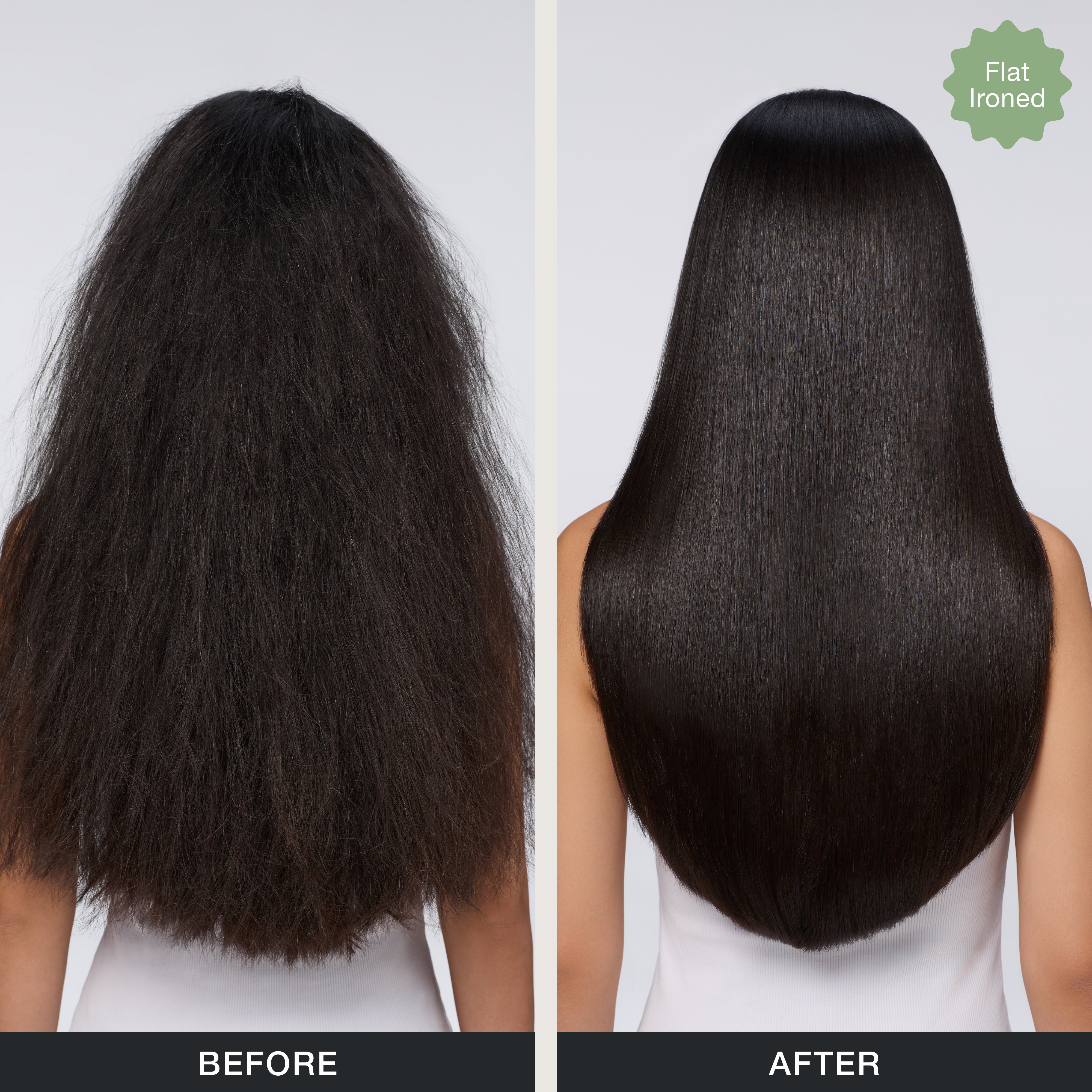 Smooth, frizz-free hair after using Paul Mitchell 3-Day No Frizz Spray on flat-ironed hair.