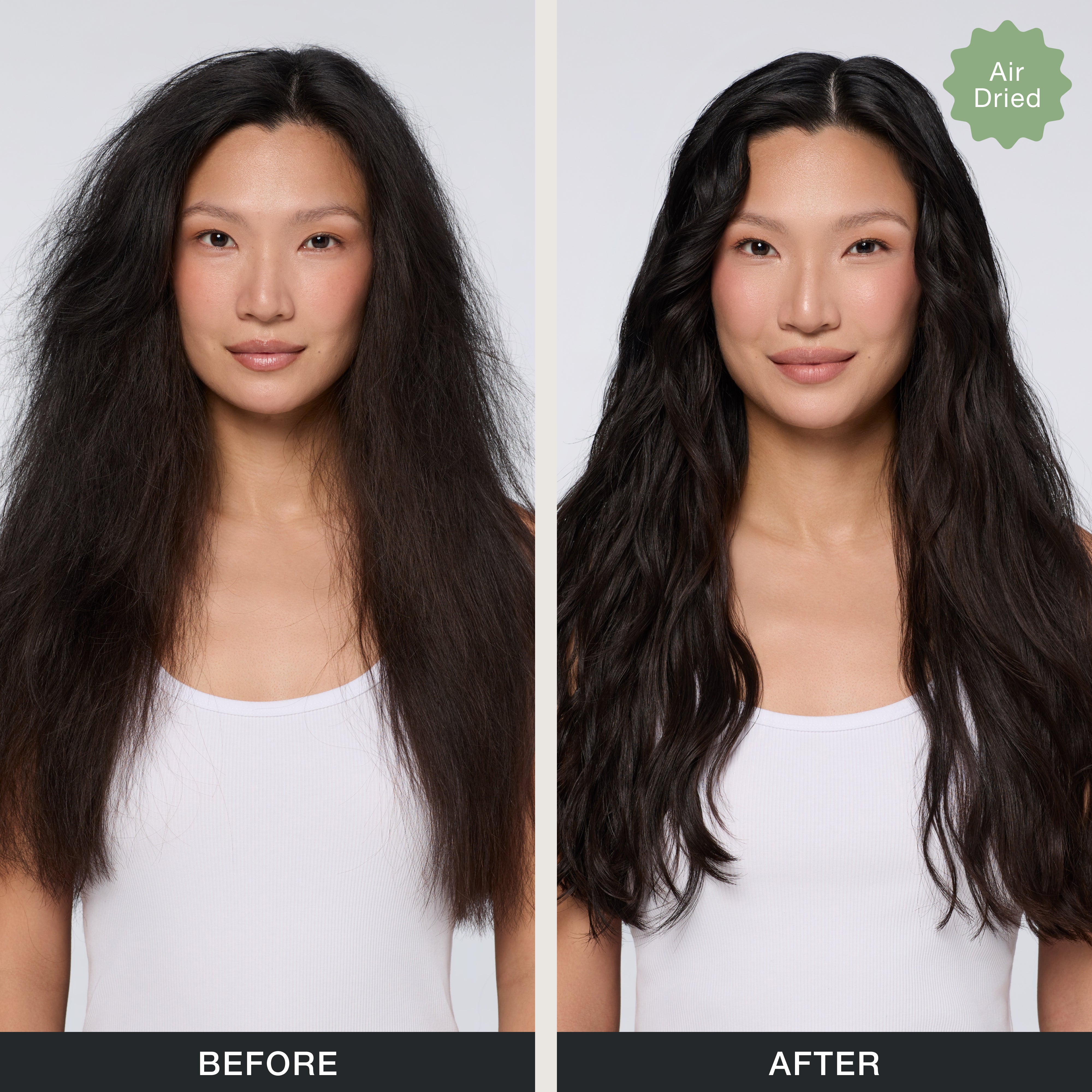 Shiny, frizz-free hair after using Paul Mitchell 3-Day No Frizz Spray on air-dried hair.