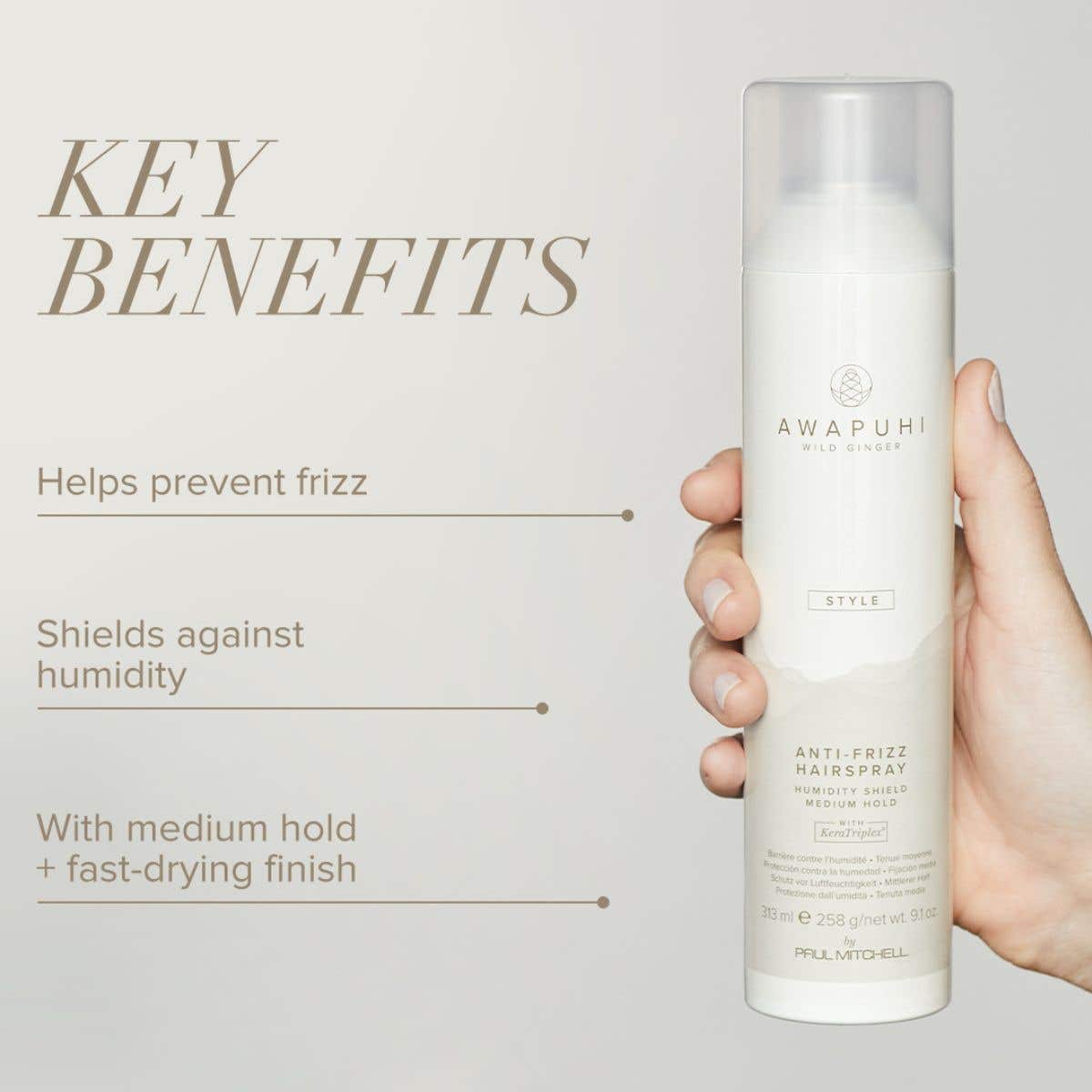 Key benefits infographic for Awapuhi Wild Ginger Anti-Frizz Hairspray