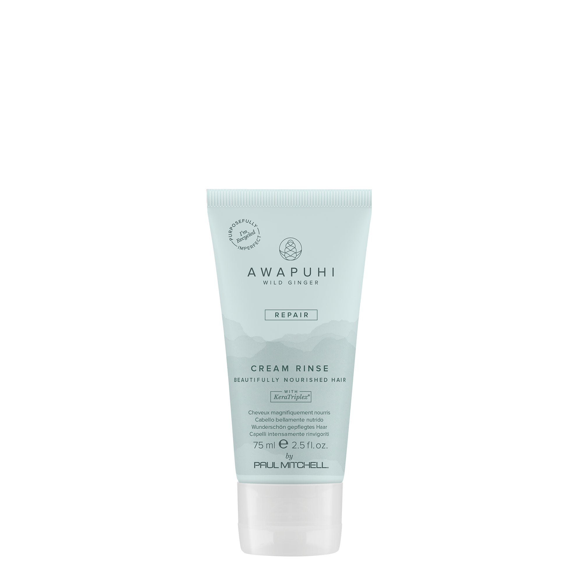 A tube of Awapuhi Wild Ginger Cream Rinse conditioner, with a light blue label and green awapuhi illustration.