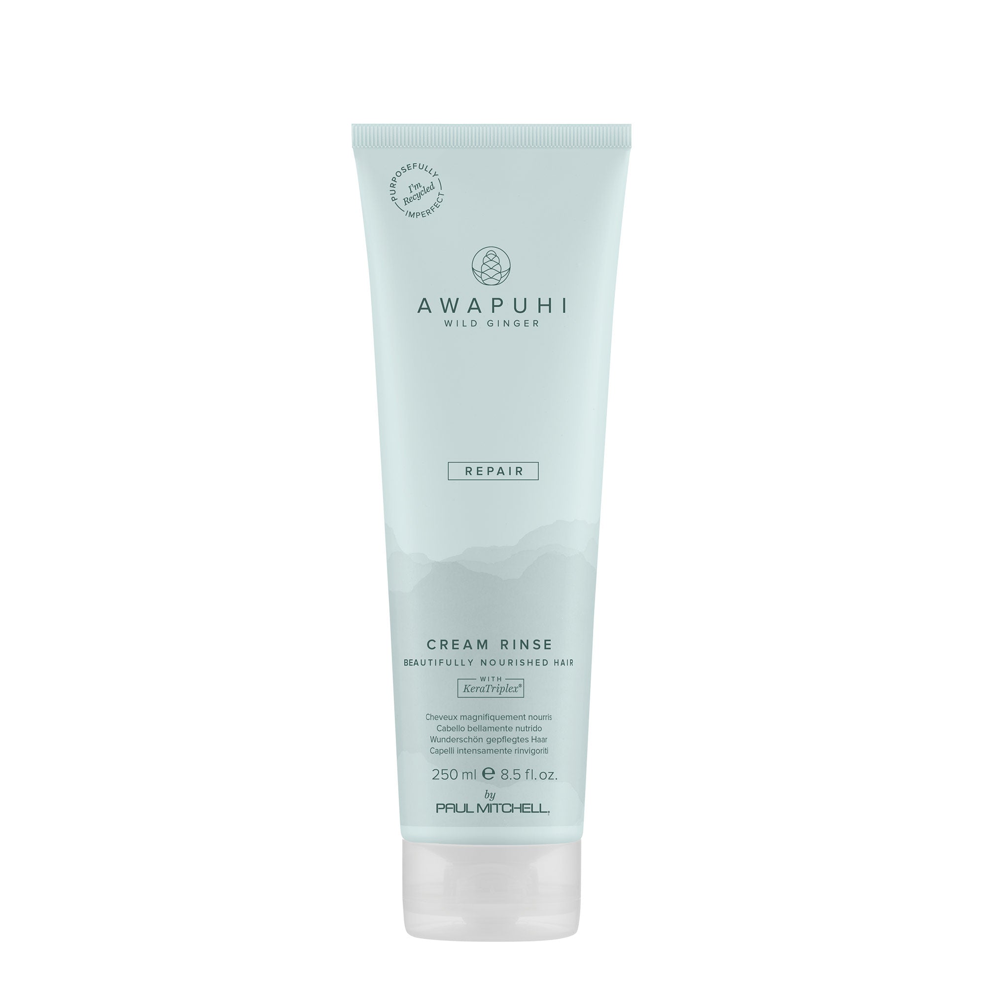 A tube of Awapuhi Wild Ginger Cream Rinse conditioner, with a light blue label and green awapuhi illustration.