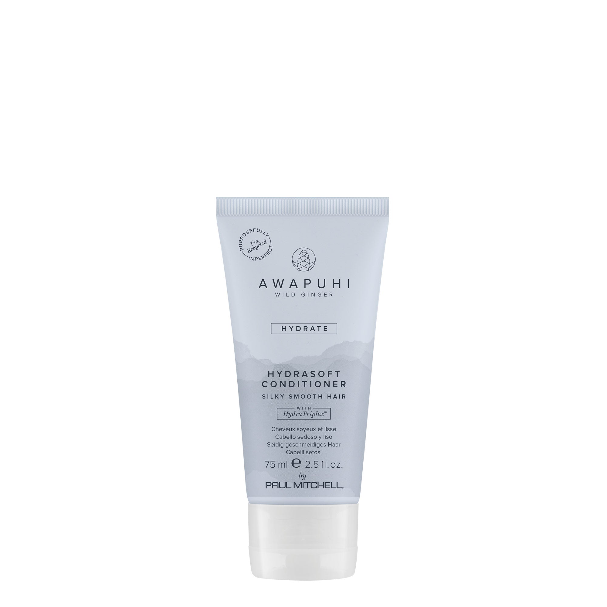 A tube of Awapuhi Wild Ginger HydraSoft Conditioner with white and blue packaging.