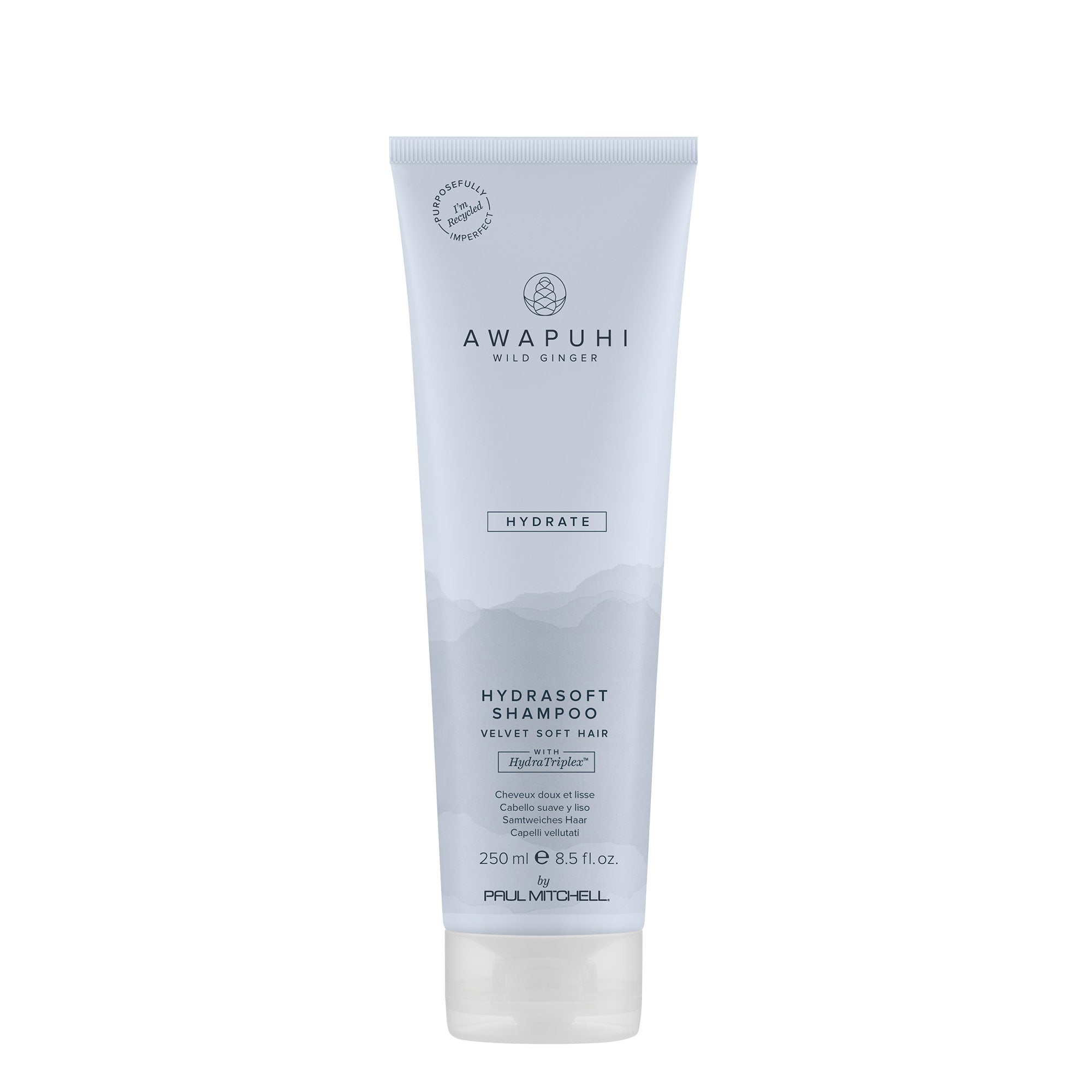A tube of Awapuhi Wild Ginger HydraSoft Shampoo with a white and light blue label, indicating that it's a hydrating shampoo for hair care.