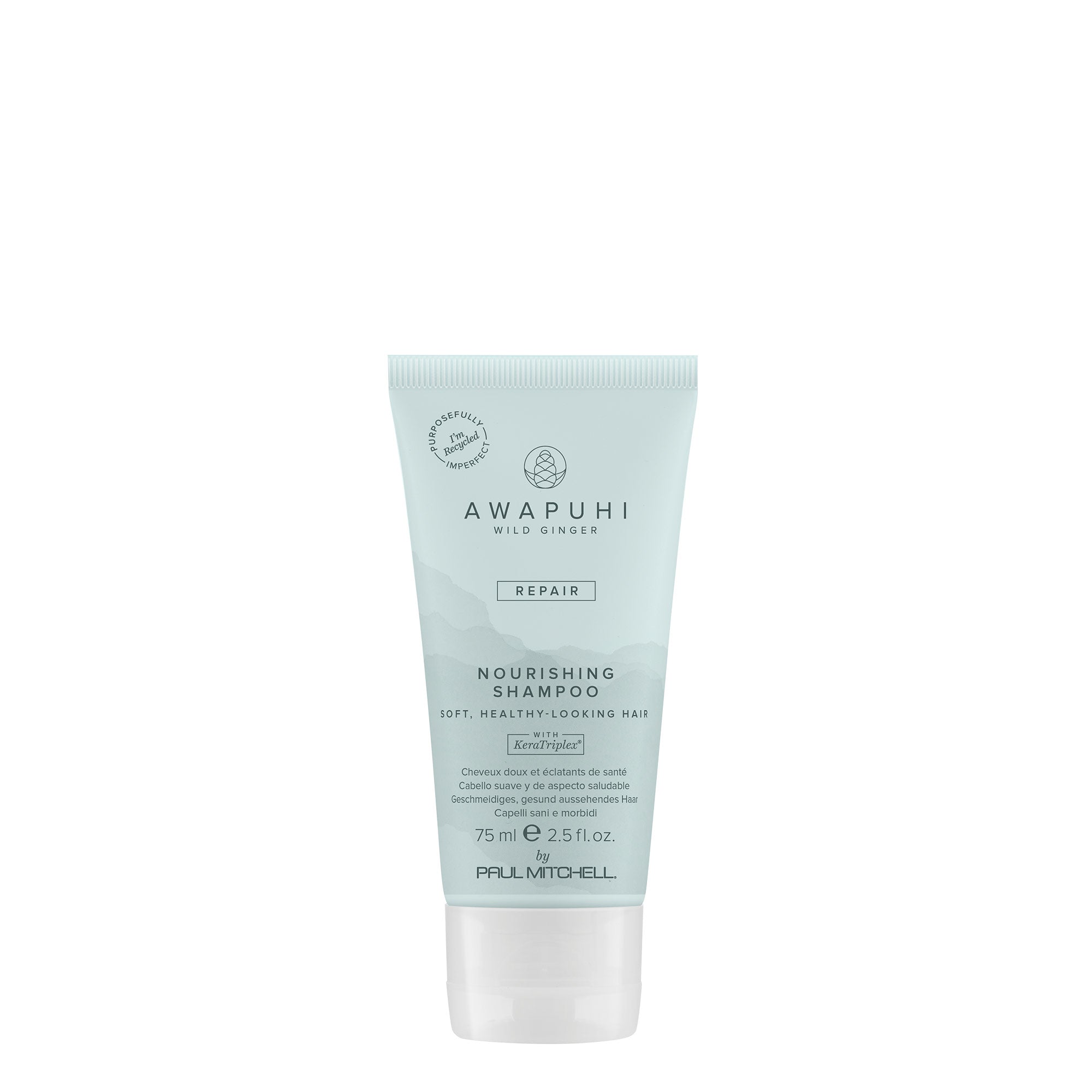 A pump bottle of Awapuhi Nourishing Shampoo with a light blue label, predominantly displaying the brand name and product type.
