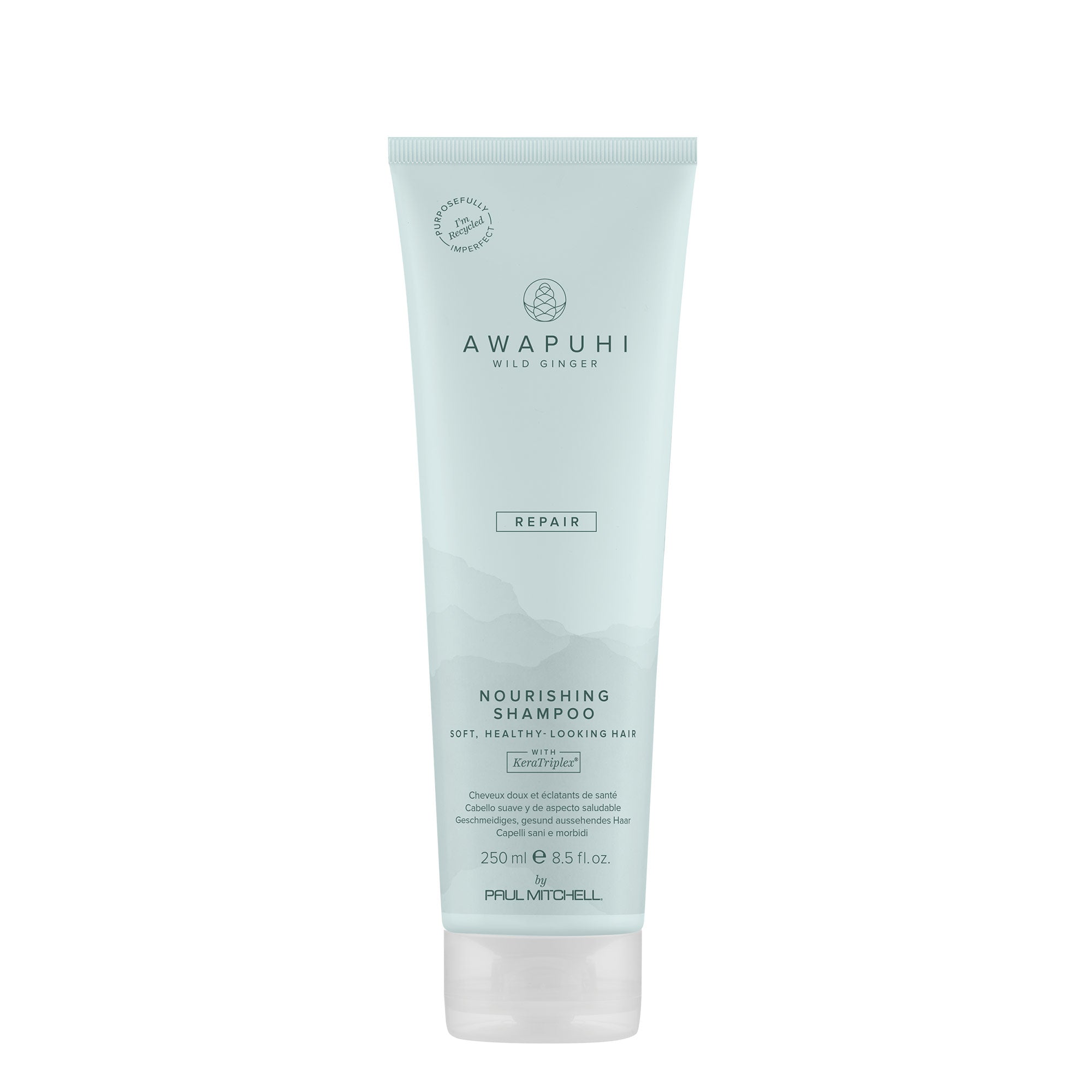 A pump bottle of Awapuhi Nourishing Shampoo with a light blue label, predominantly displaying the brand name and product type.