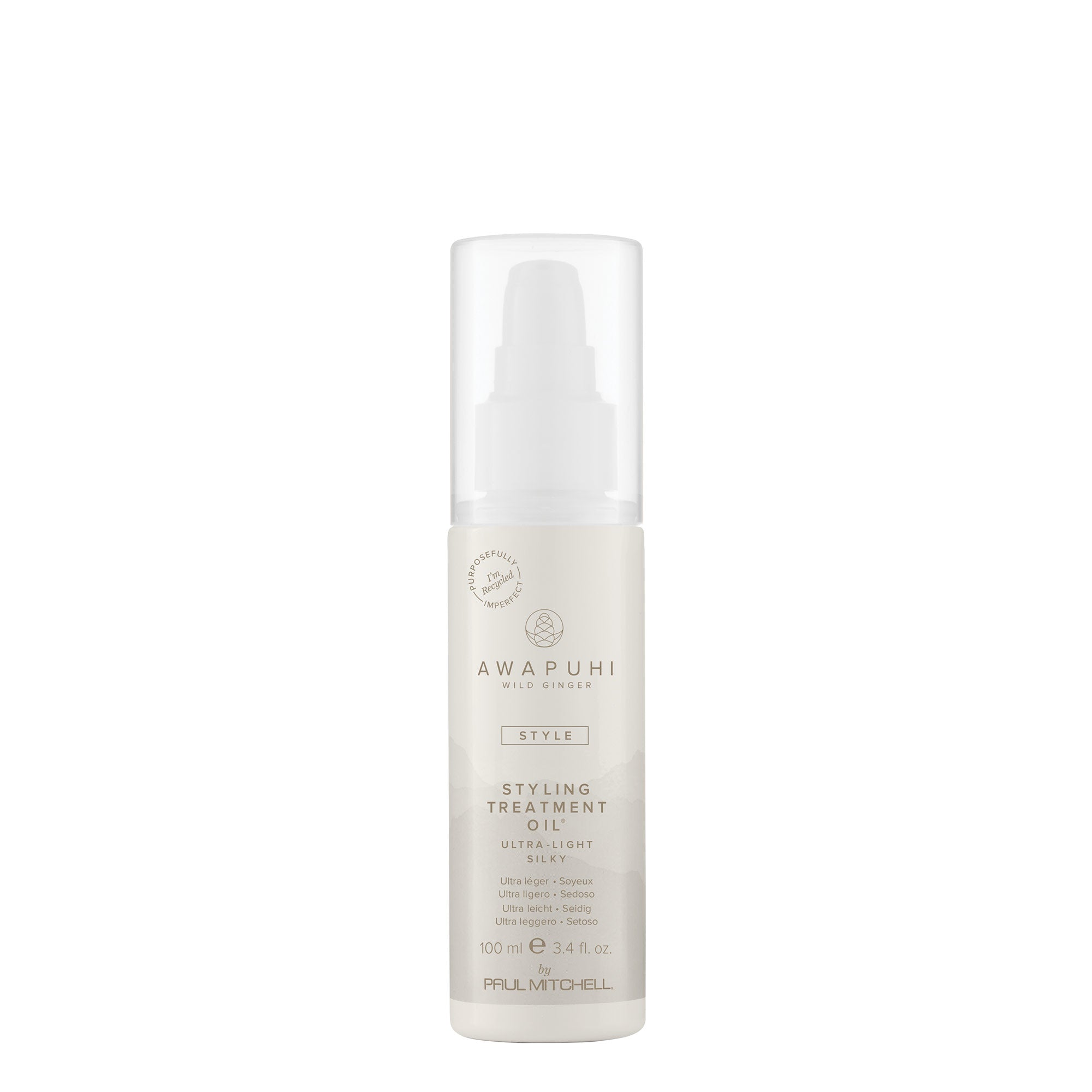 A white bottle with a pump dispenser containing Awapuhi Wild Ginger Styling Treatment Oil
