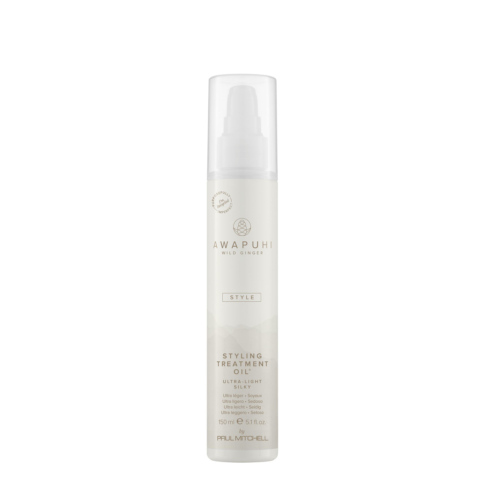 A white bottle with a pump dispenser containing Awapuhi Wild Ginger Styling Treatment Oil.