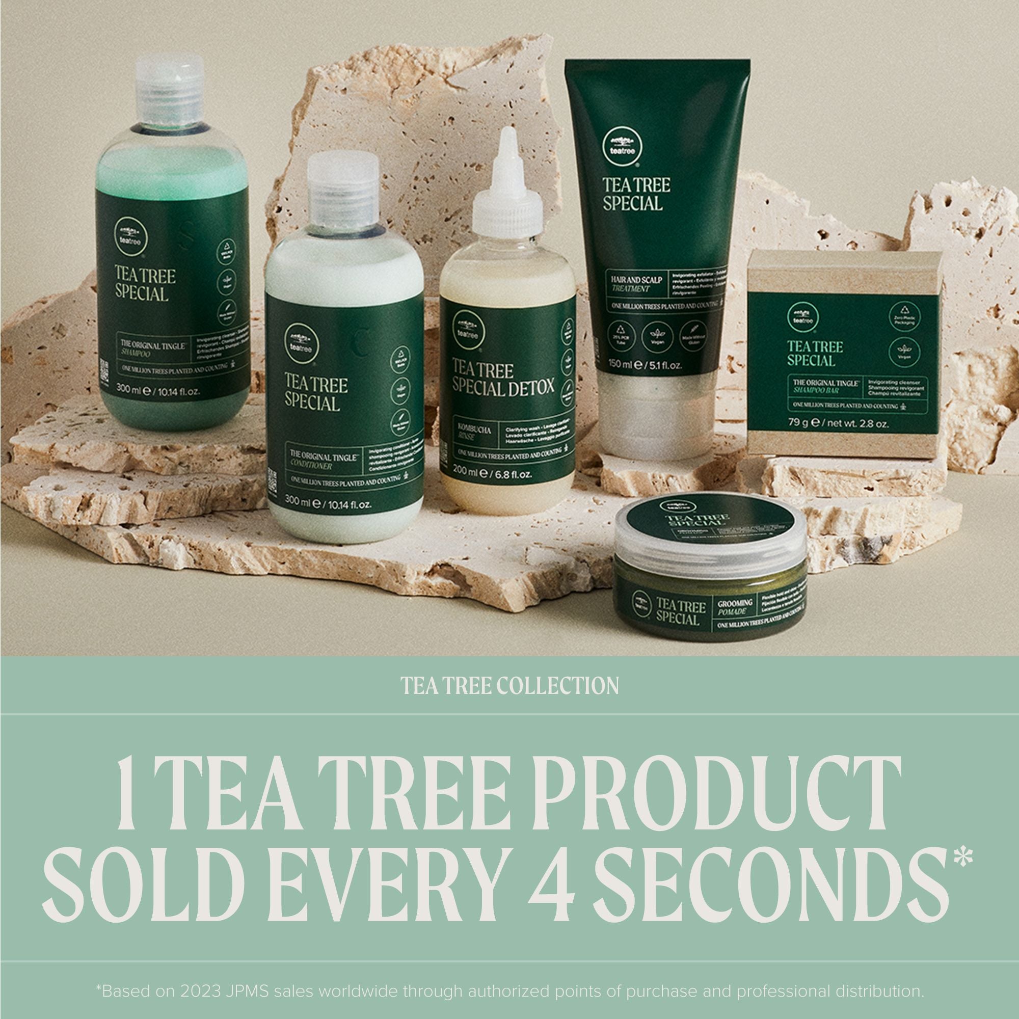 Tea Tree Special Collection on a stone surface with claim beneath it.
