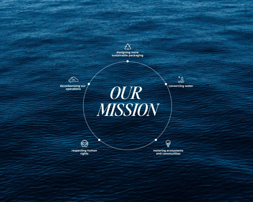 Mission statement on a blue ocean background with icons and text.