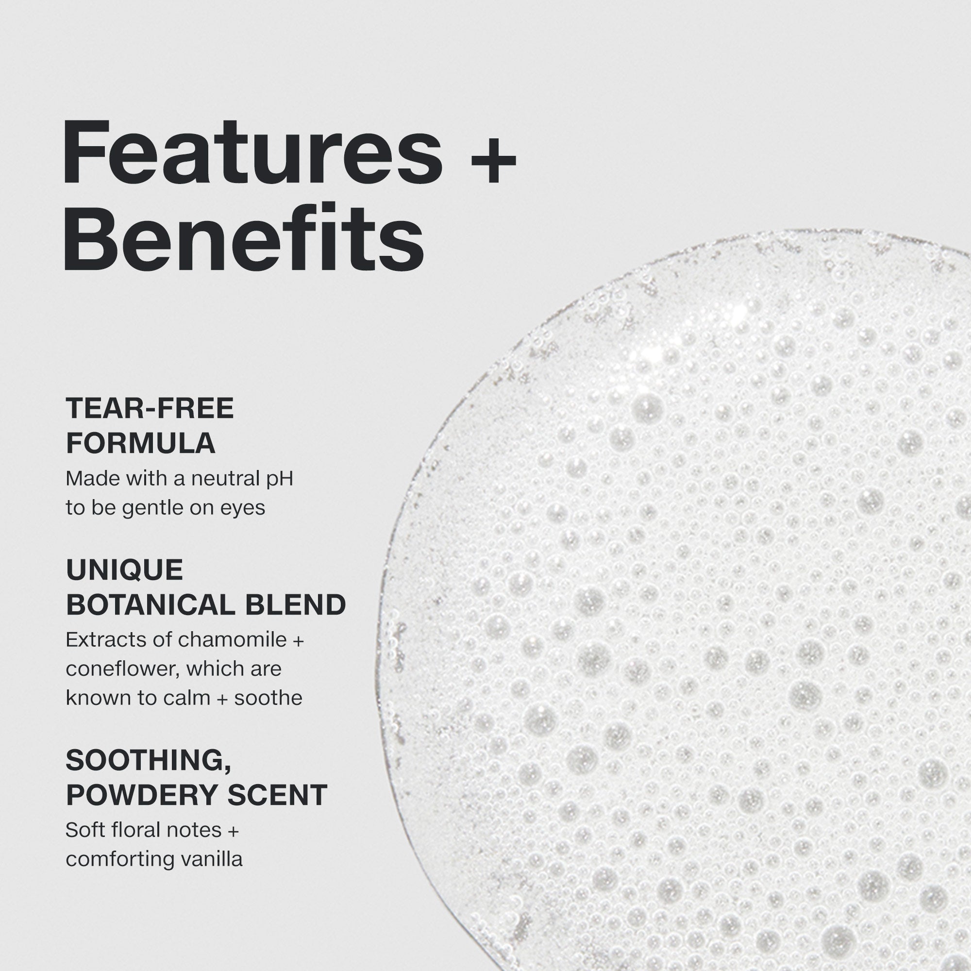 Features and benefits smear infographic for Baby Don't Cry Shampoo