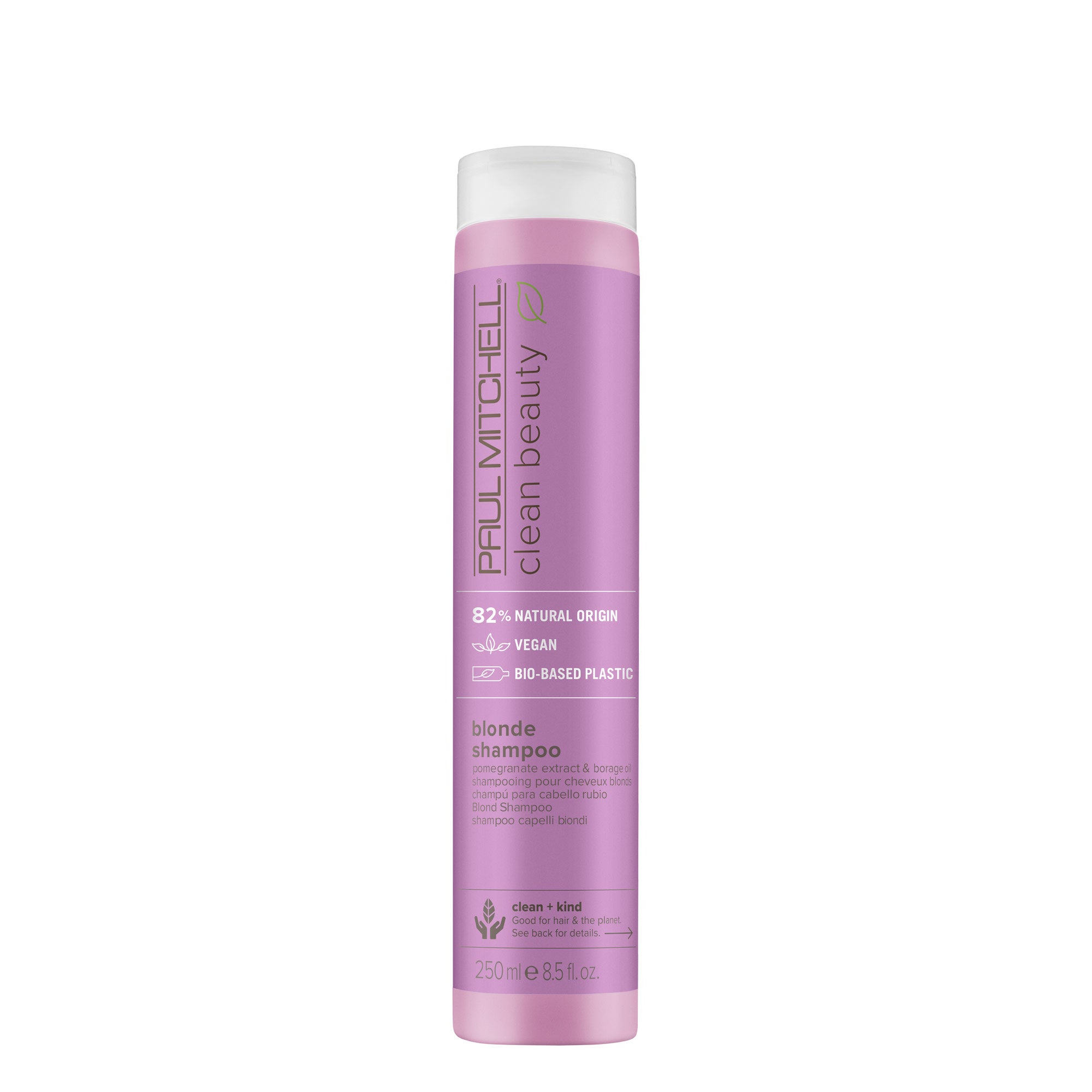A bottle of Clean Beauty Blonde Shampoo by Paul Mitchell with a purple label on a white background.