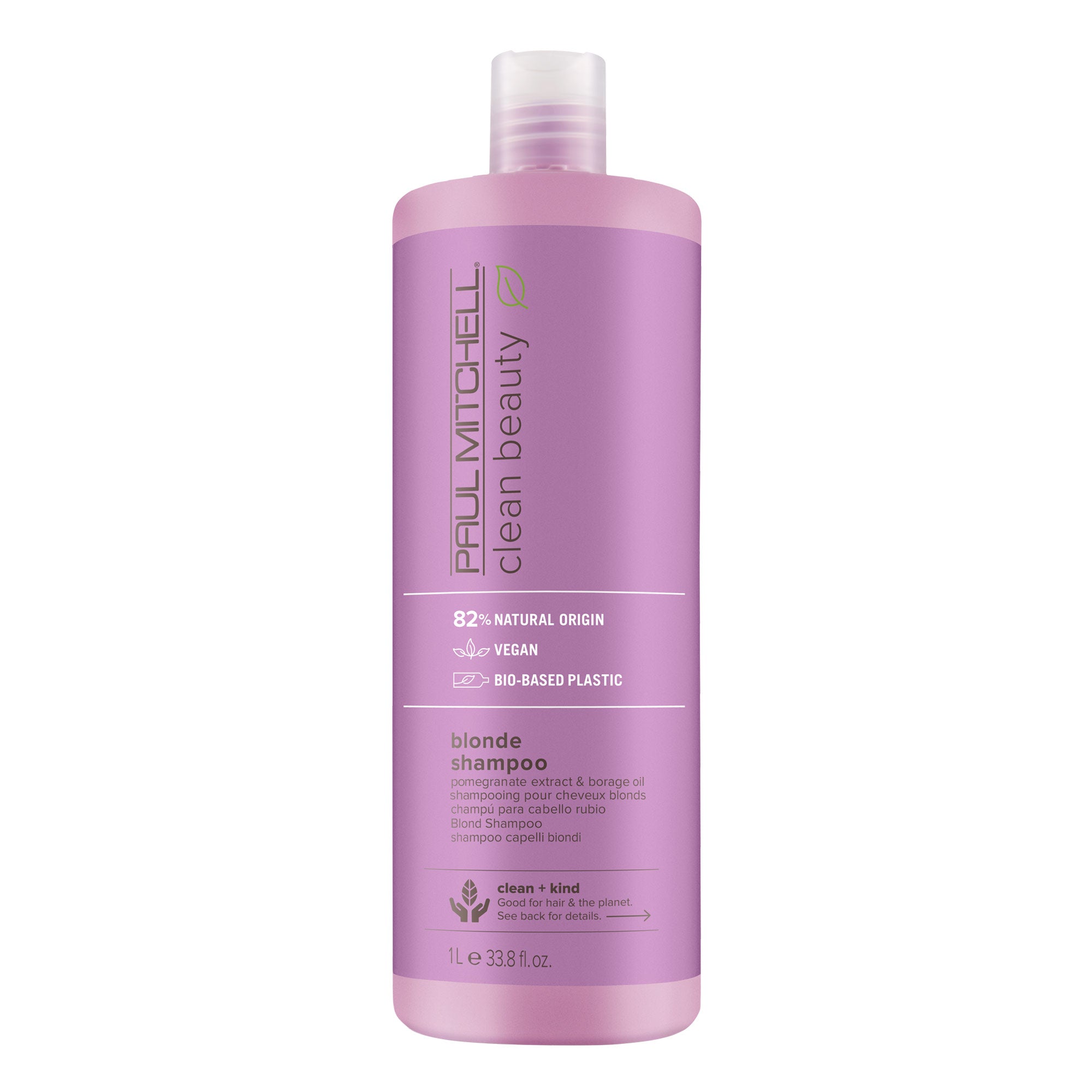 A bottle of Clean Beauty Blonde Shampoo by Paul Mitchell with a purple label on a white background.