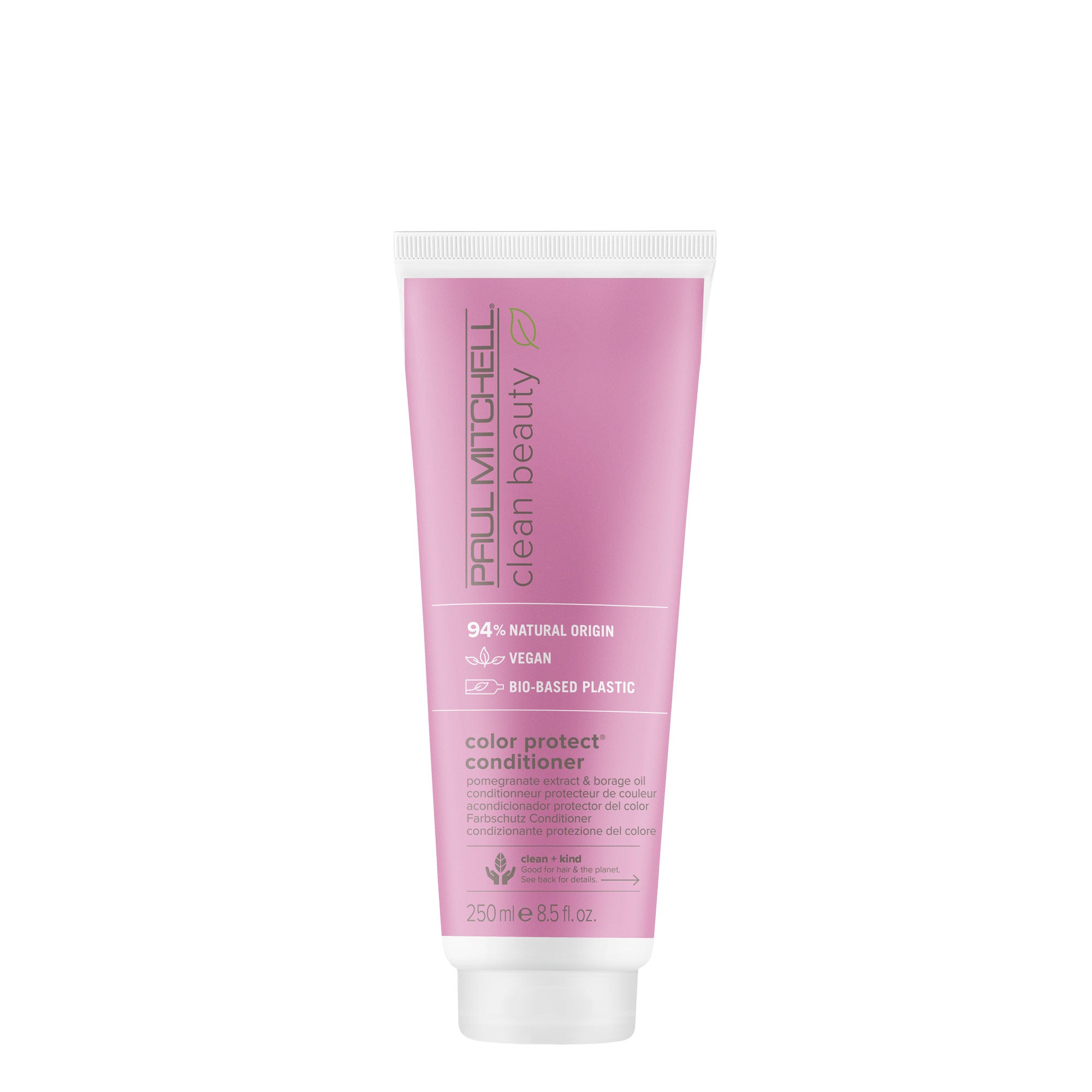 A pink tube of Paul Mitchell Clean Beauty Color Protect Conditioner on a white background.