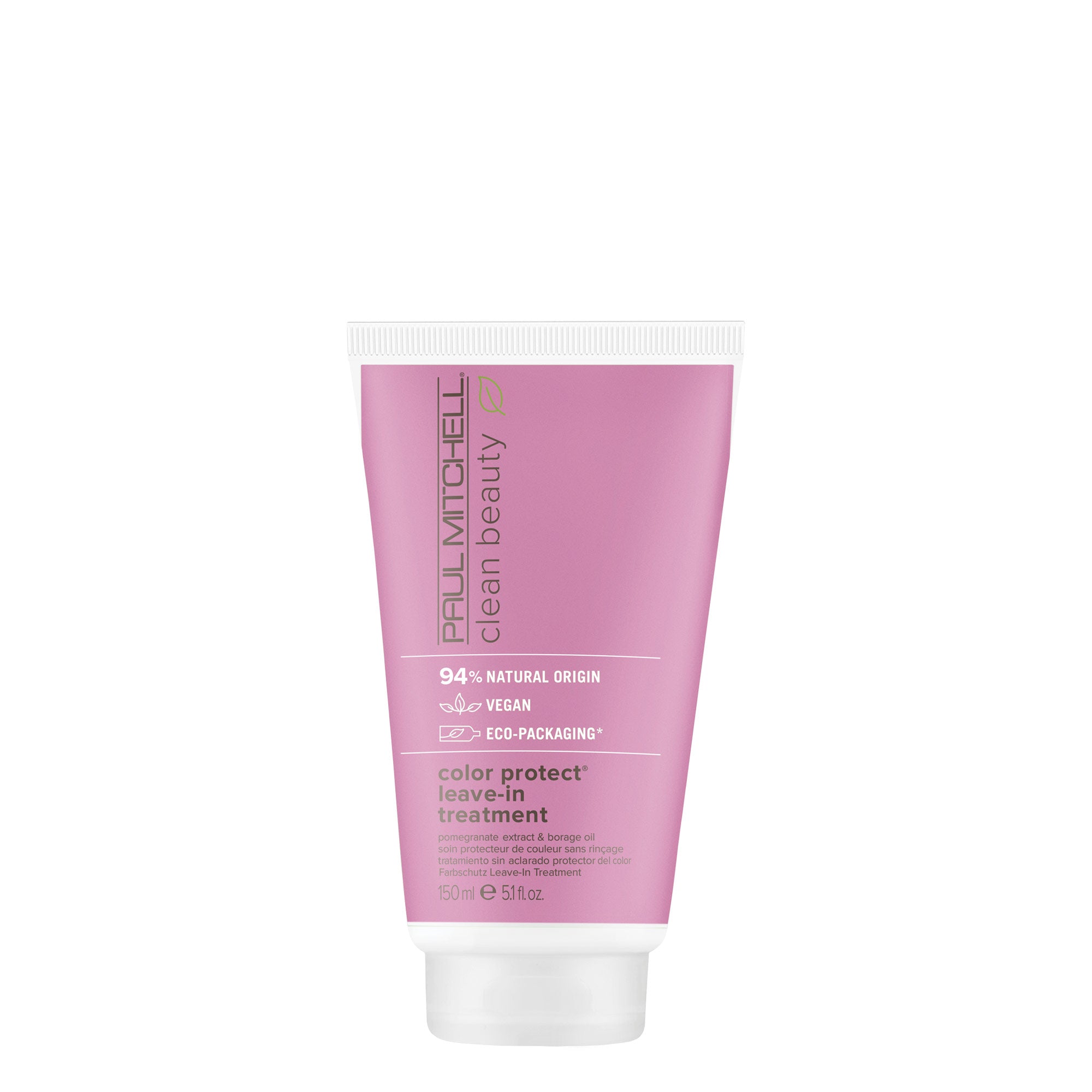 A pink tube of Clean Beauty Color Protect Leave-In Treatment by Paul Mitchell on a white background