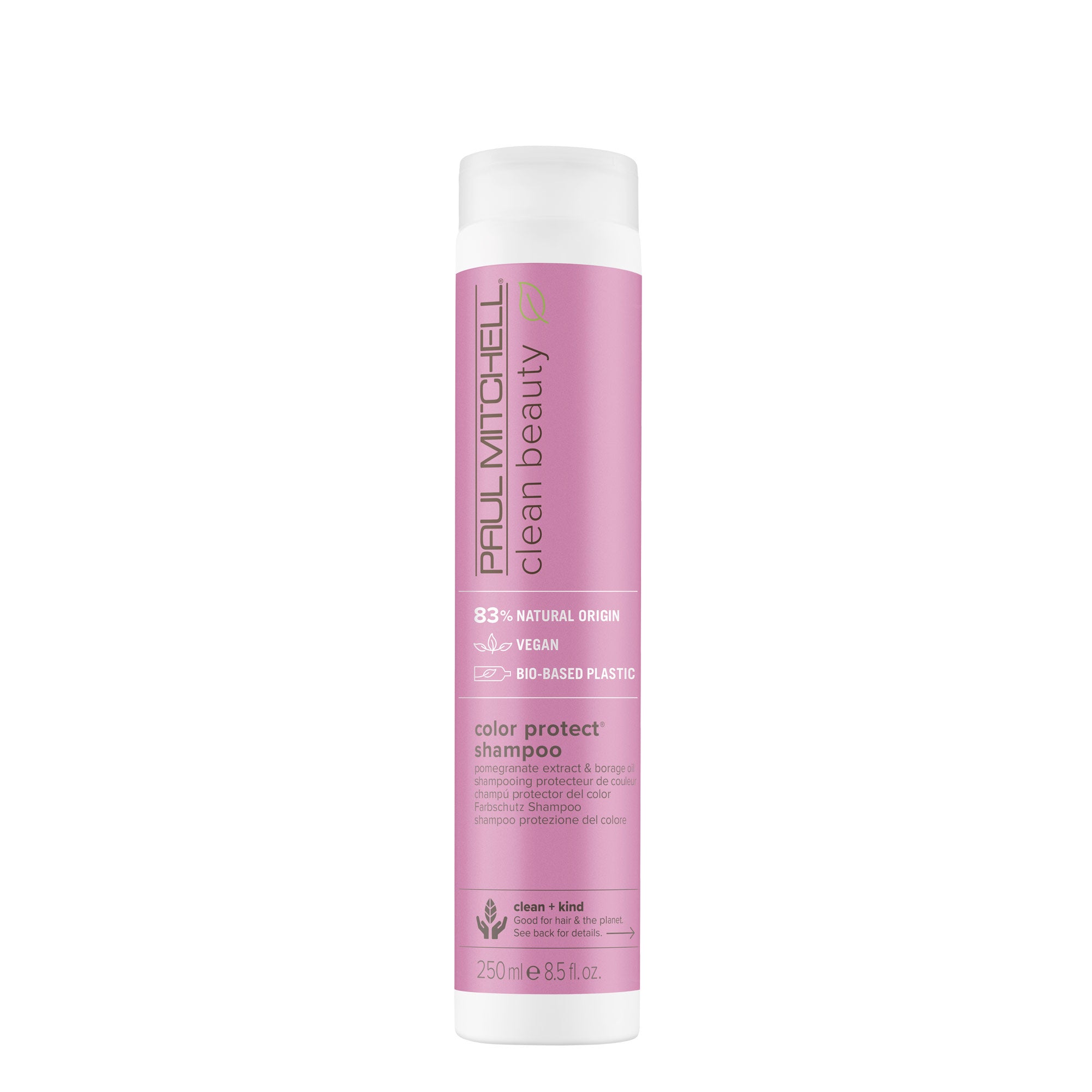 A bottle of Clean Beauty Color Protect Shampoo by Paul Mitchell on a white background