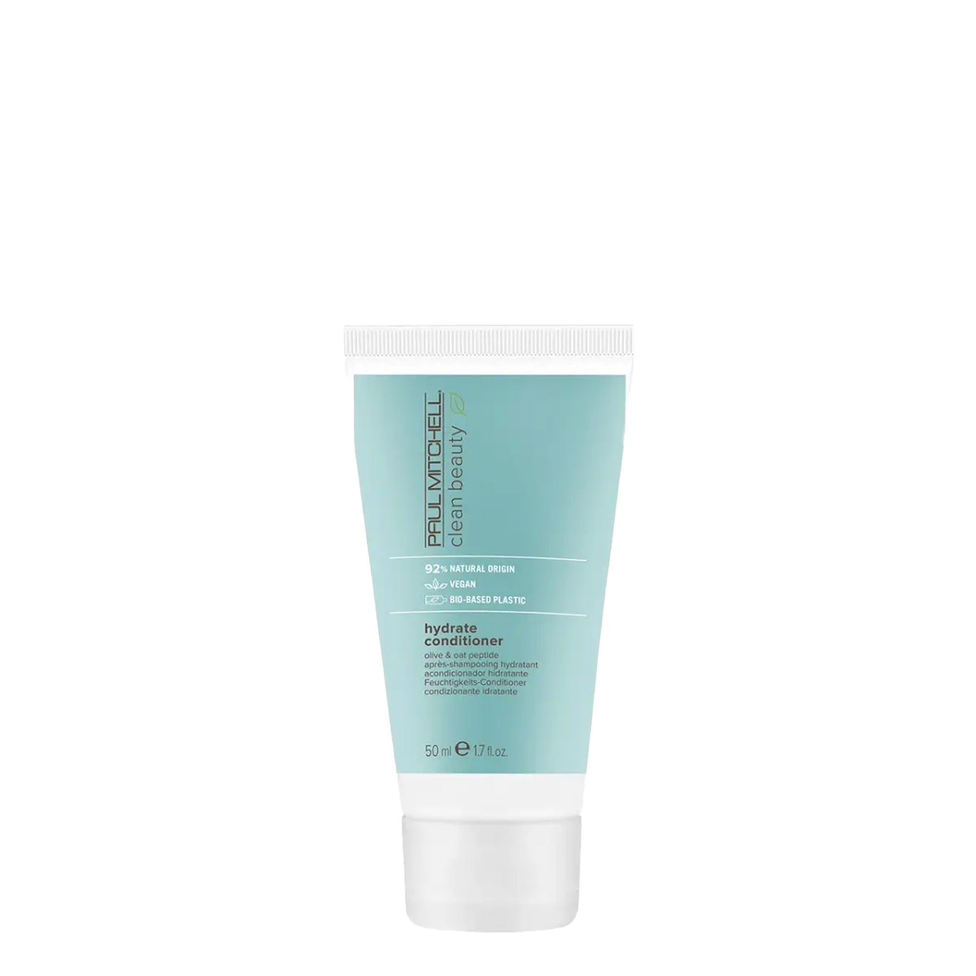 A tube of Paul Mitchell Clean Beauty Hydrate Conditioner with a light blue label, indicating it is a hair care product.