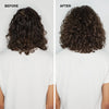 before/after image of a man with long, wavy brunette hair