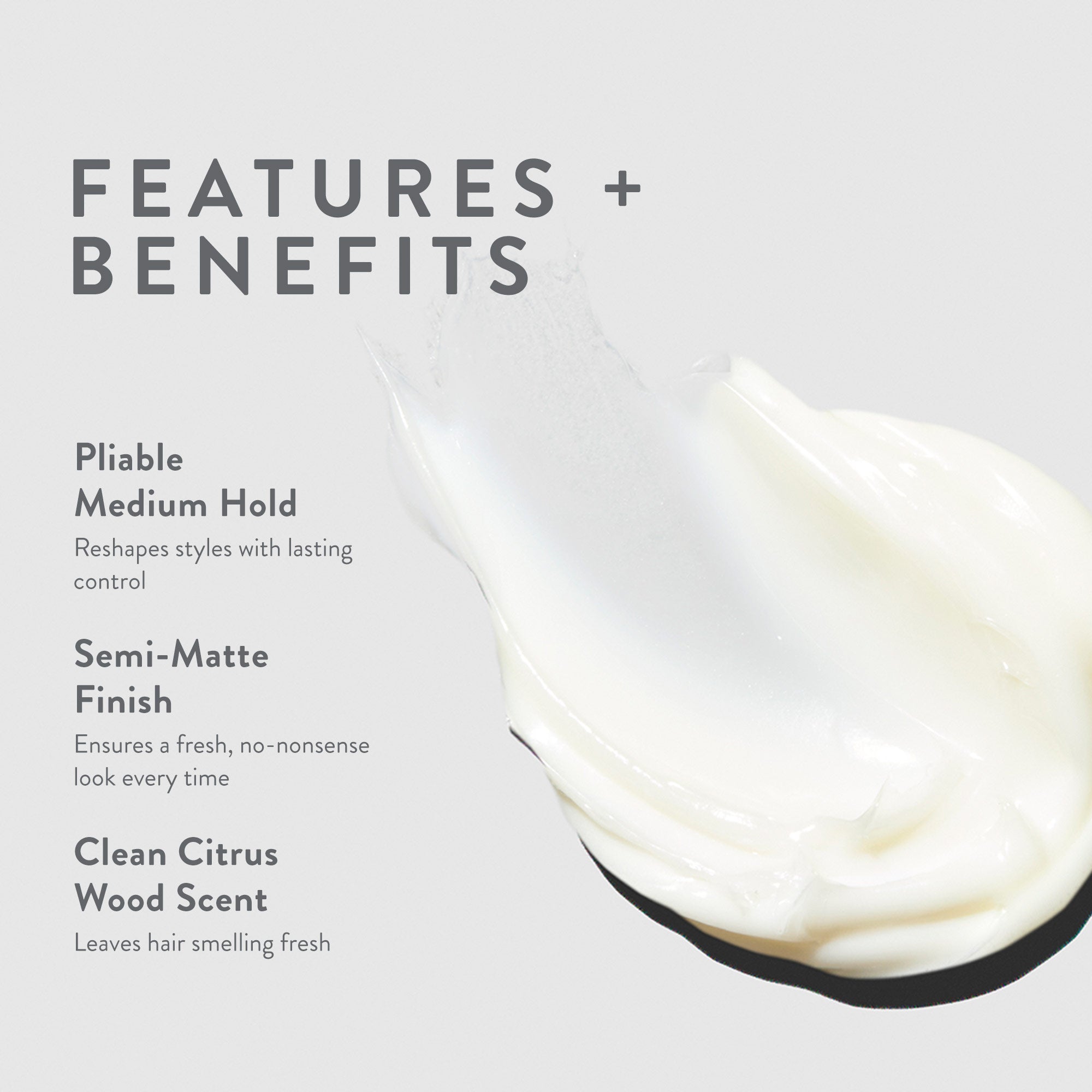 Features and benefits smear infographic for Mitch Clean Cut Styling Cream
