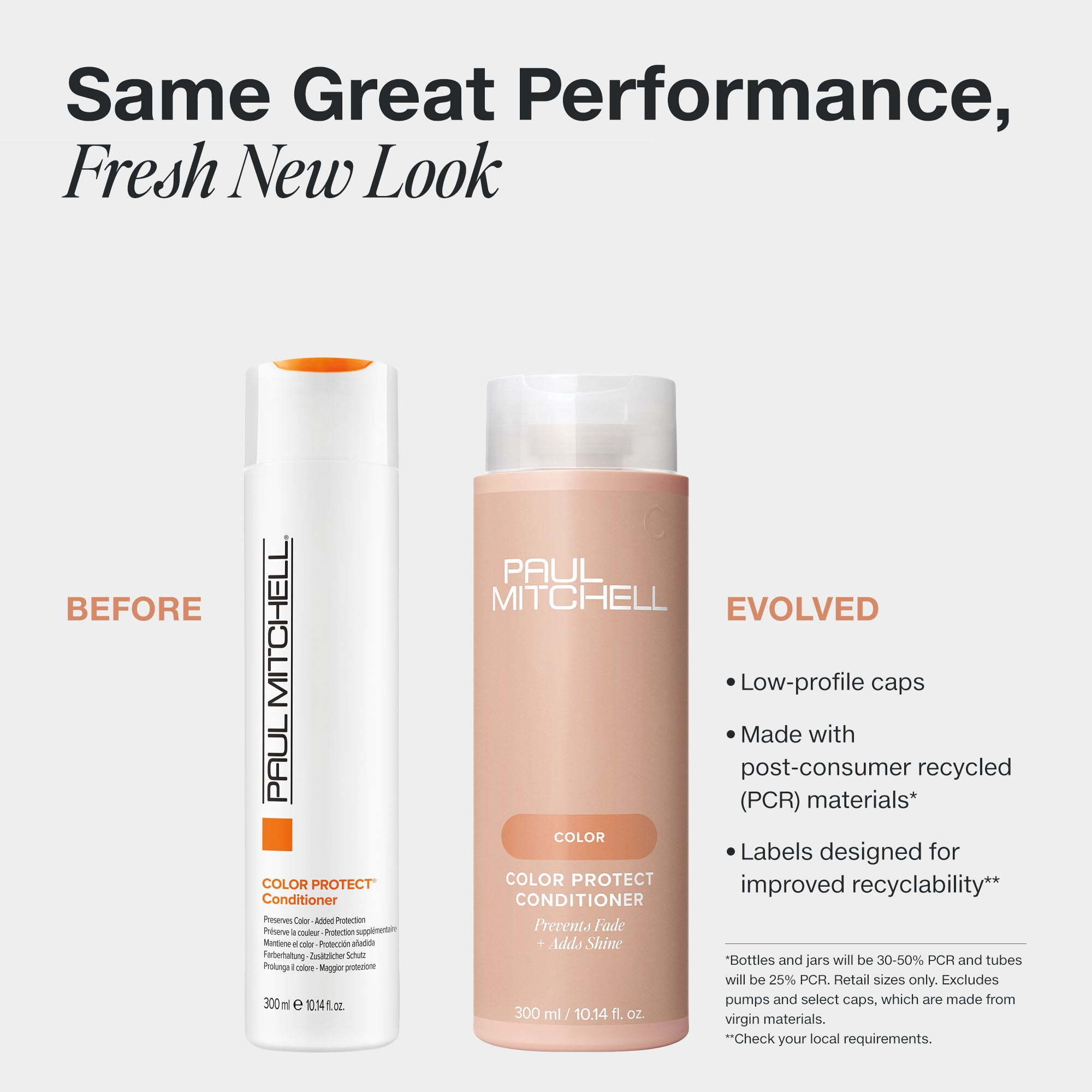 Old to new packaging infographic for Paul Mitchell Color Protect Conditioner