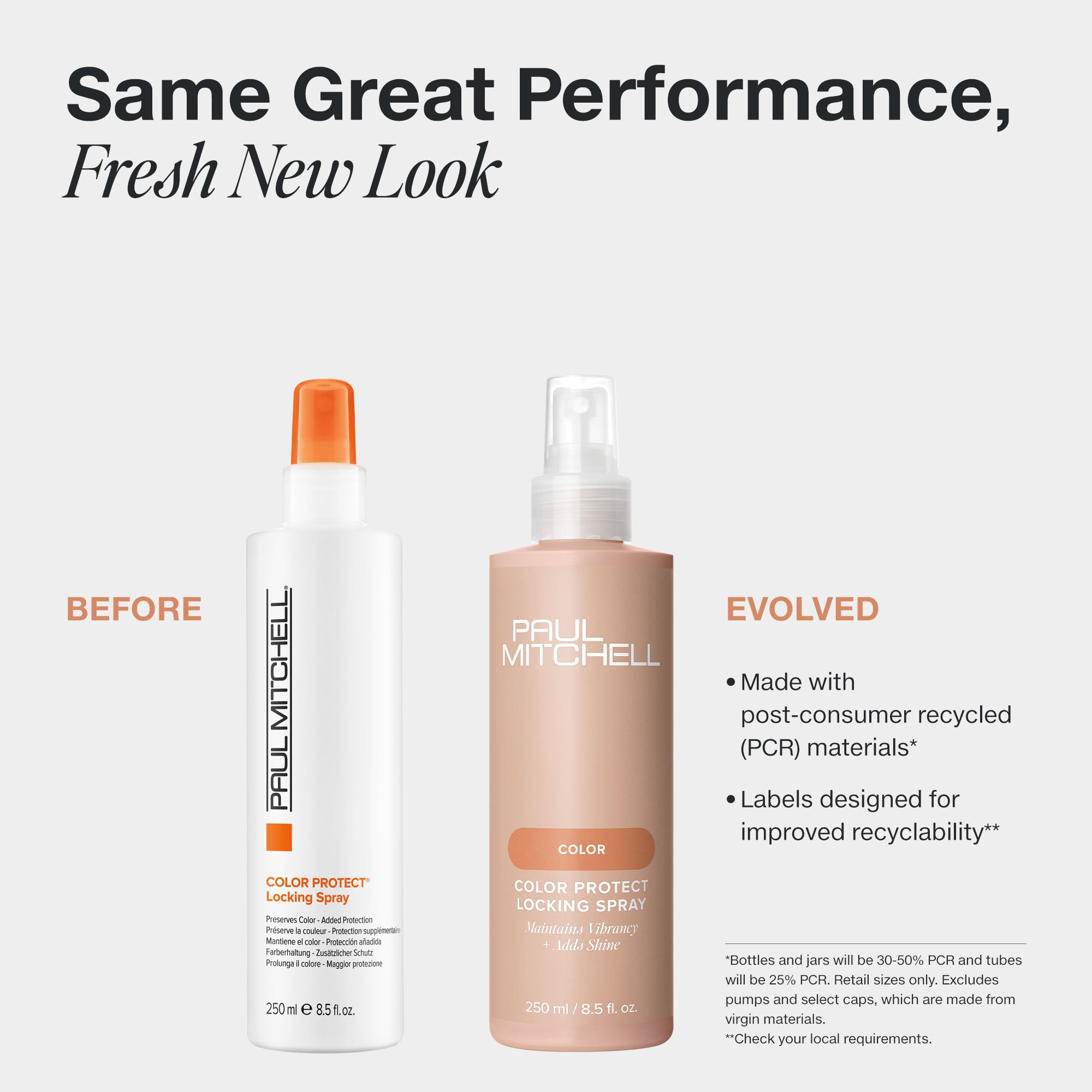 Old to new packaging infographic for Paul Mitchell Color Protect Locking Spray