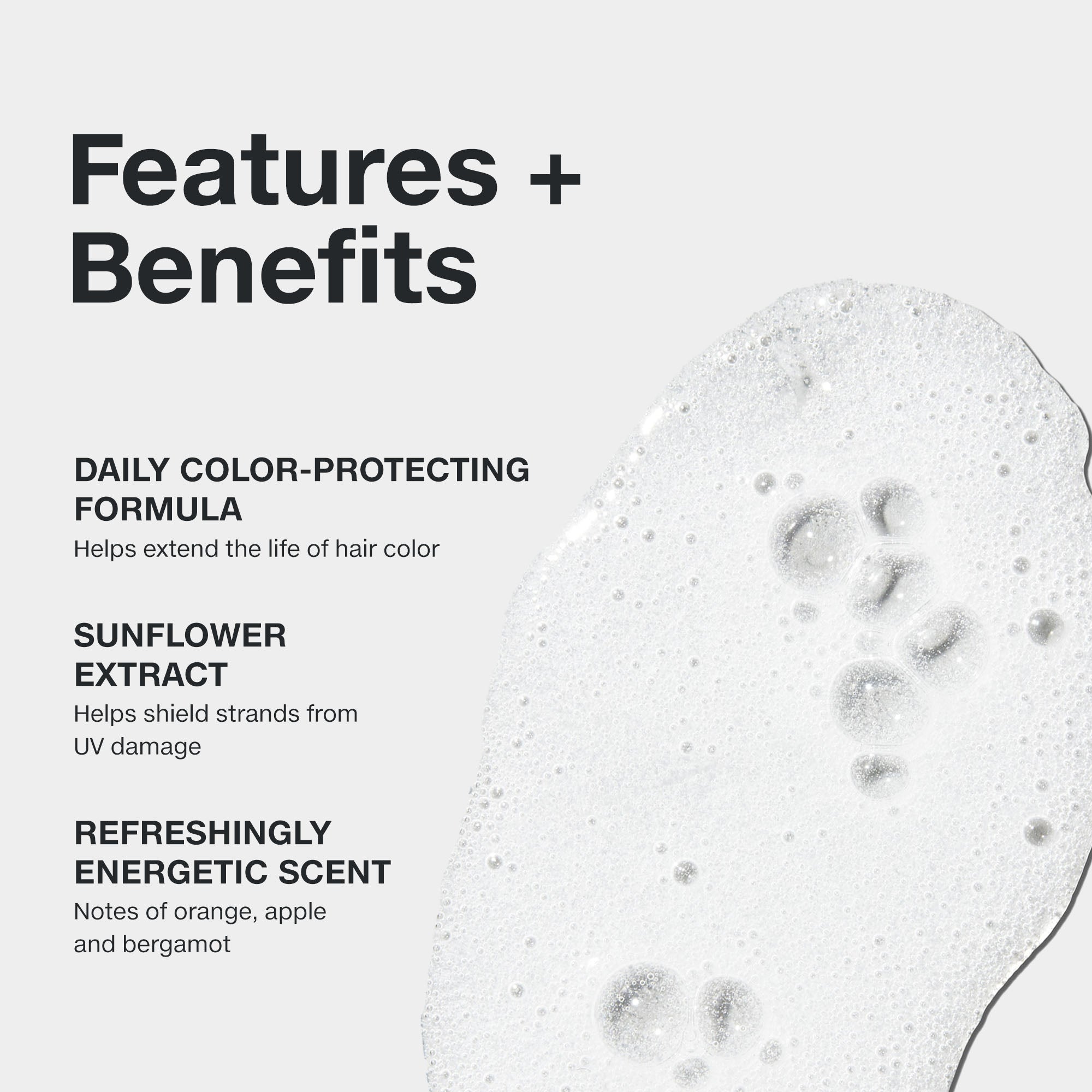 Features and benefits smear infographic for Paul Mitchell Color Protect Shampoo