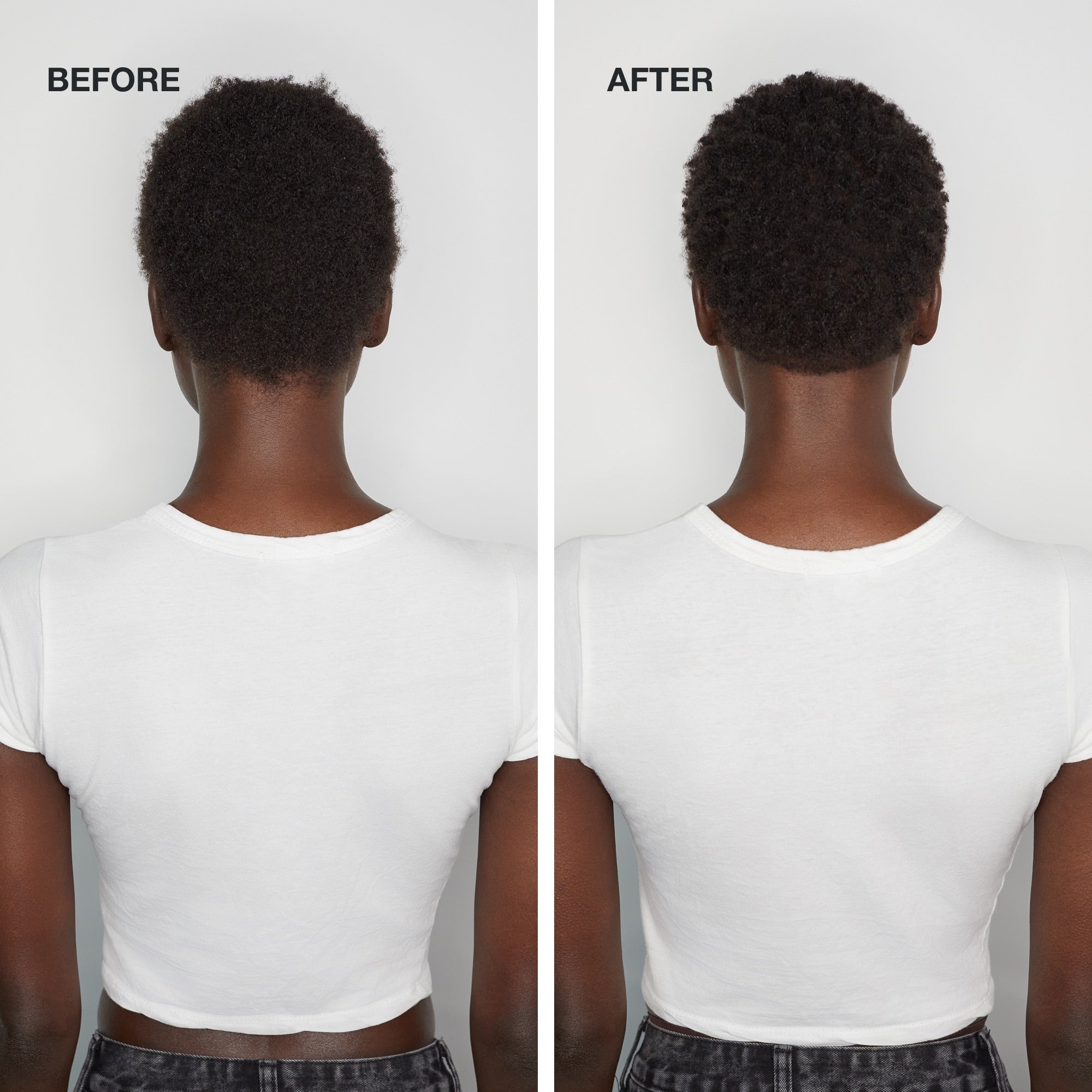 before/after image of a model with short, curly brunette hair