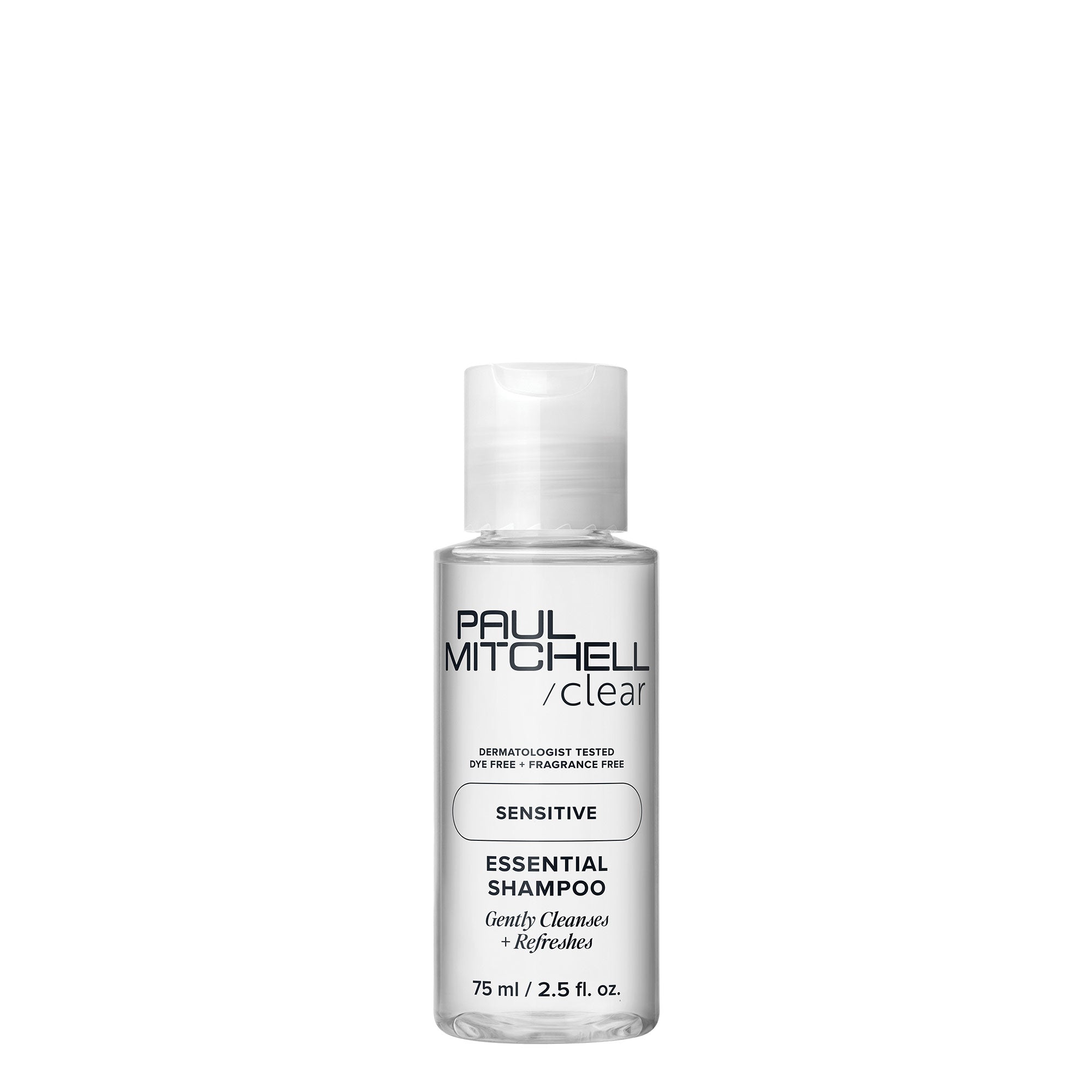 Bottle of Paul Mitchell clear sensitive essential shampoo on a white background