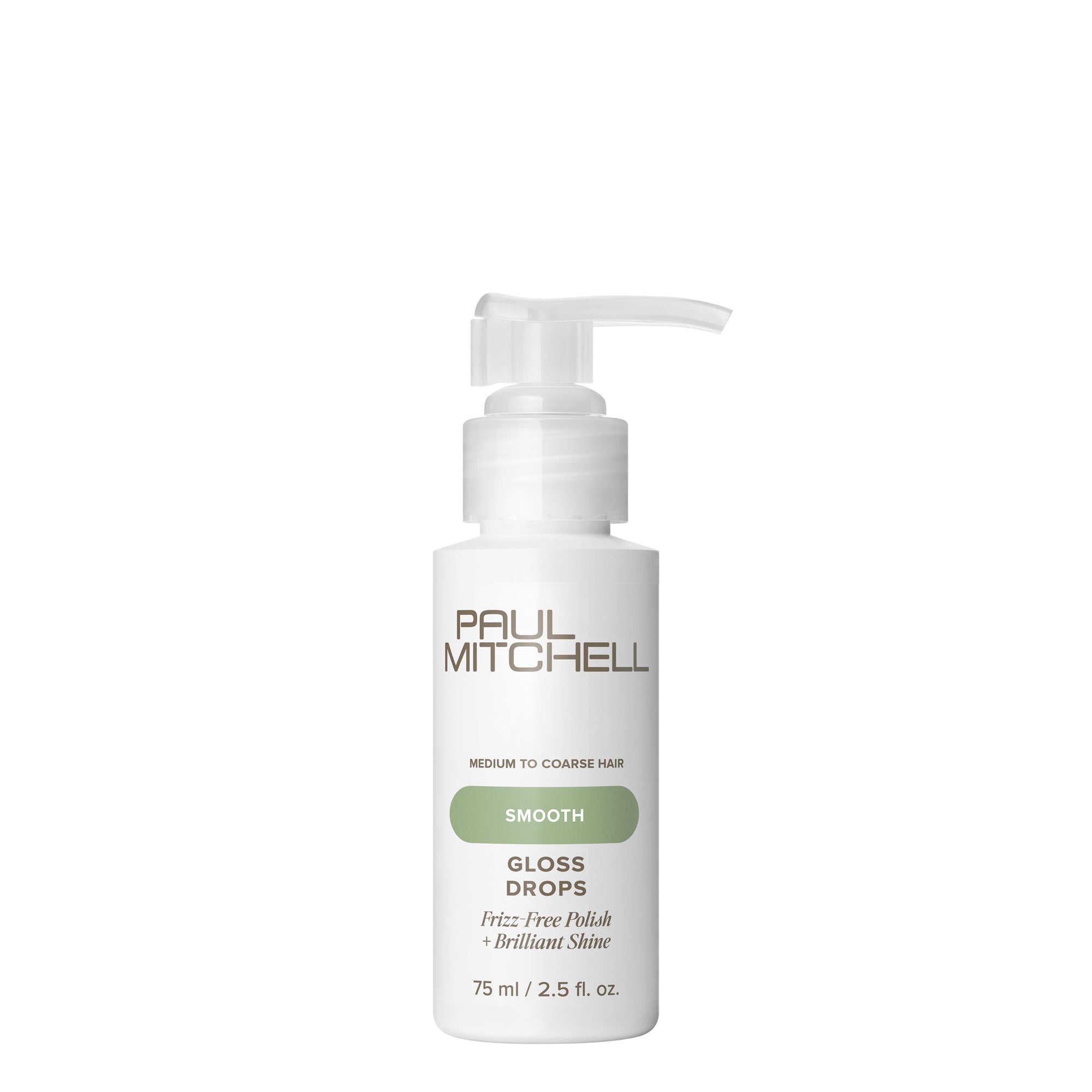 A bottle of Paul Mitchell Gloss Drops hair styling serum with a pump dispenser.