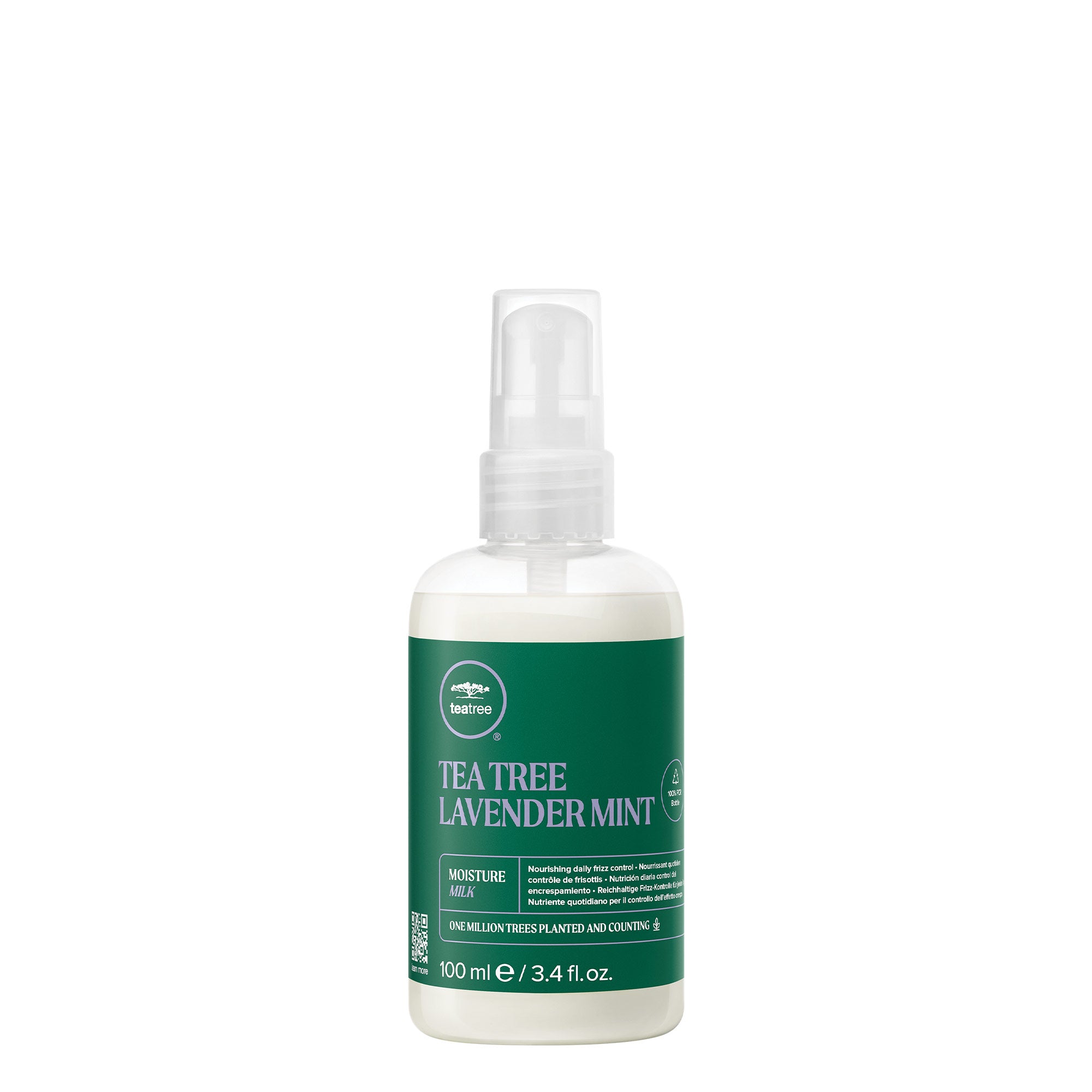 A bottle of Tea Tree Lavender Mint Moisture Milk Leave-In Conditioner on a white background