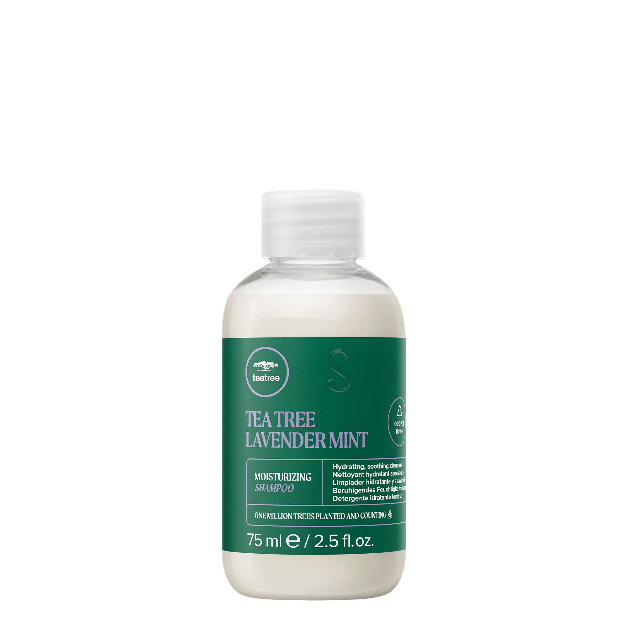 A bottle of Tea Tree Lavender Mint Moisturizing Shampoo on a white background