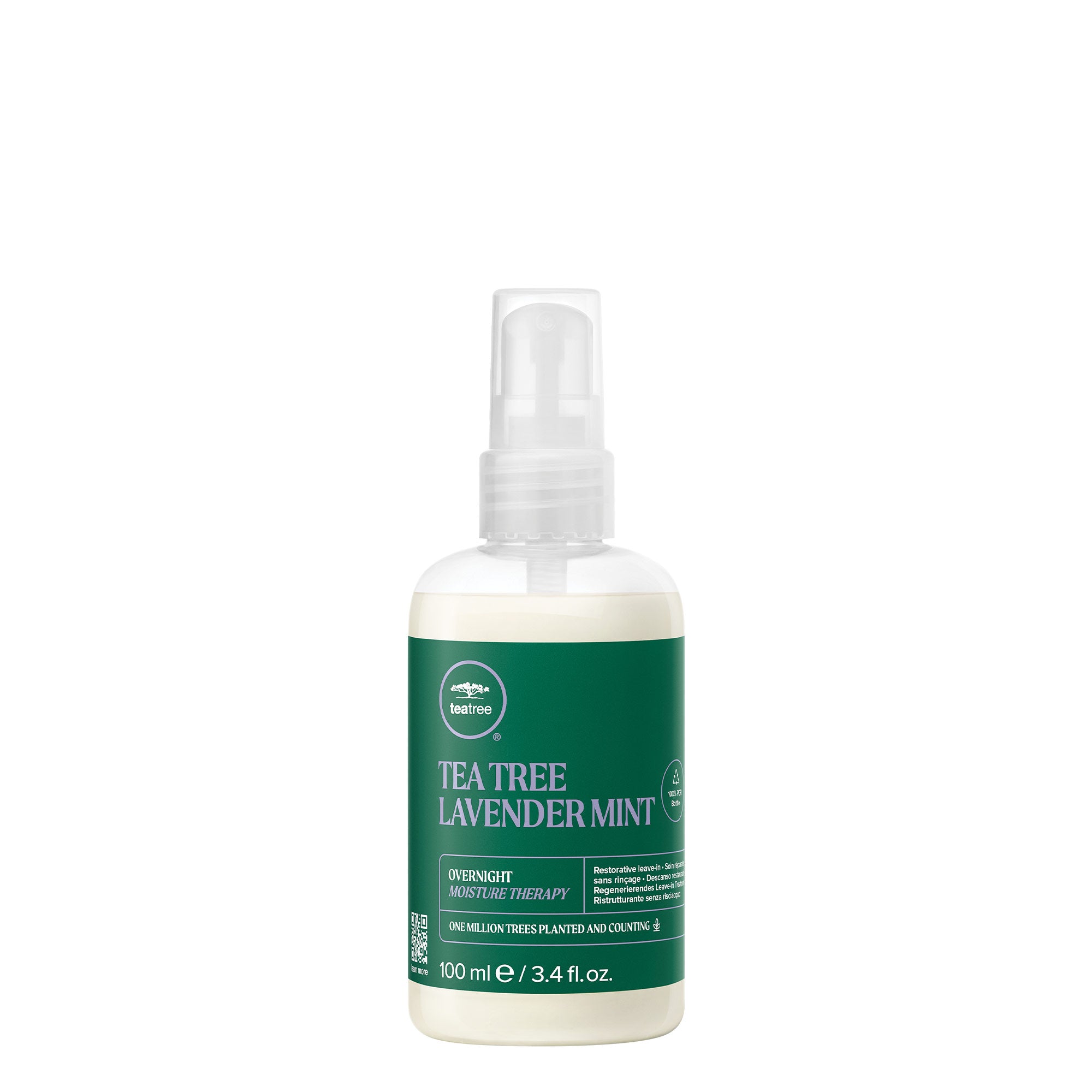 A bottle of Tea Tree Lavender Mint Overnight Moisture Therapy Leave-In Treatment on a white background