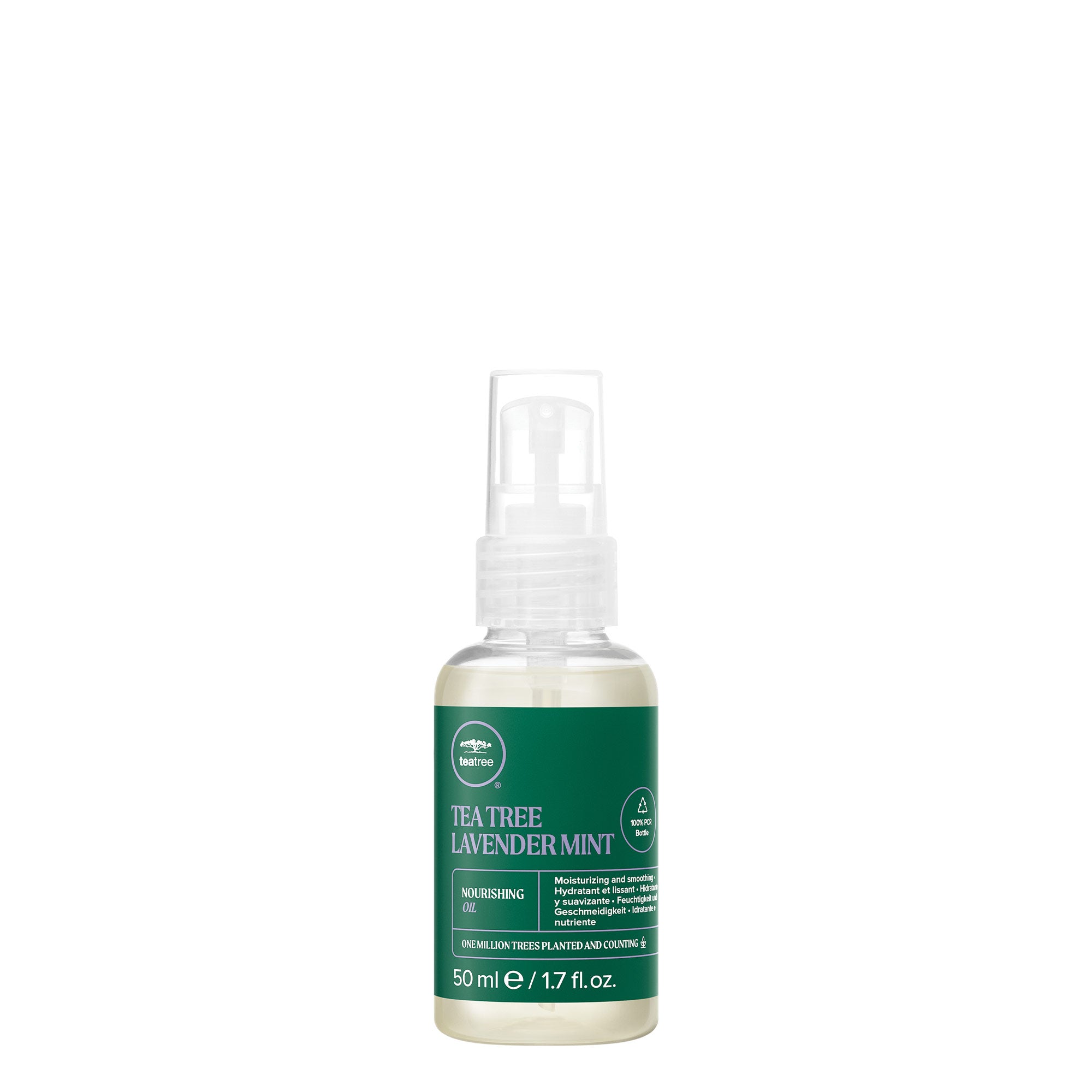 A bottle of Tea Tree Lavender Mint Nourishing Oil on a white background.