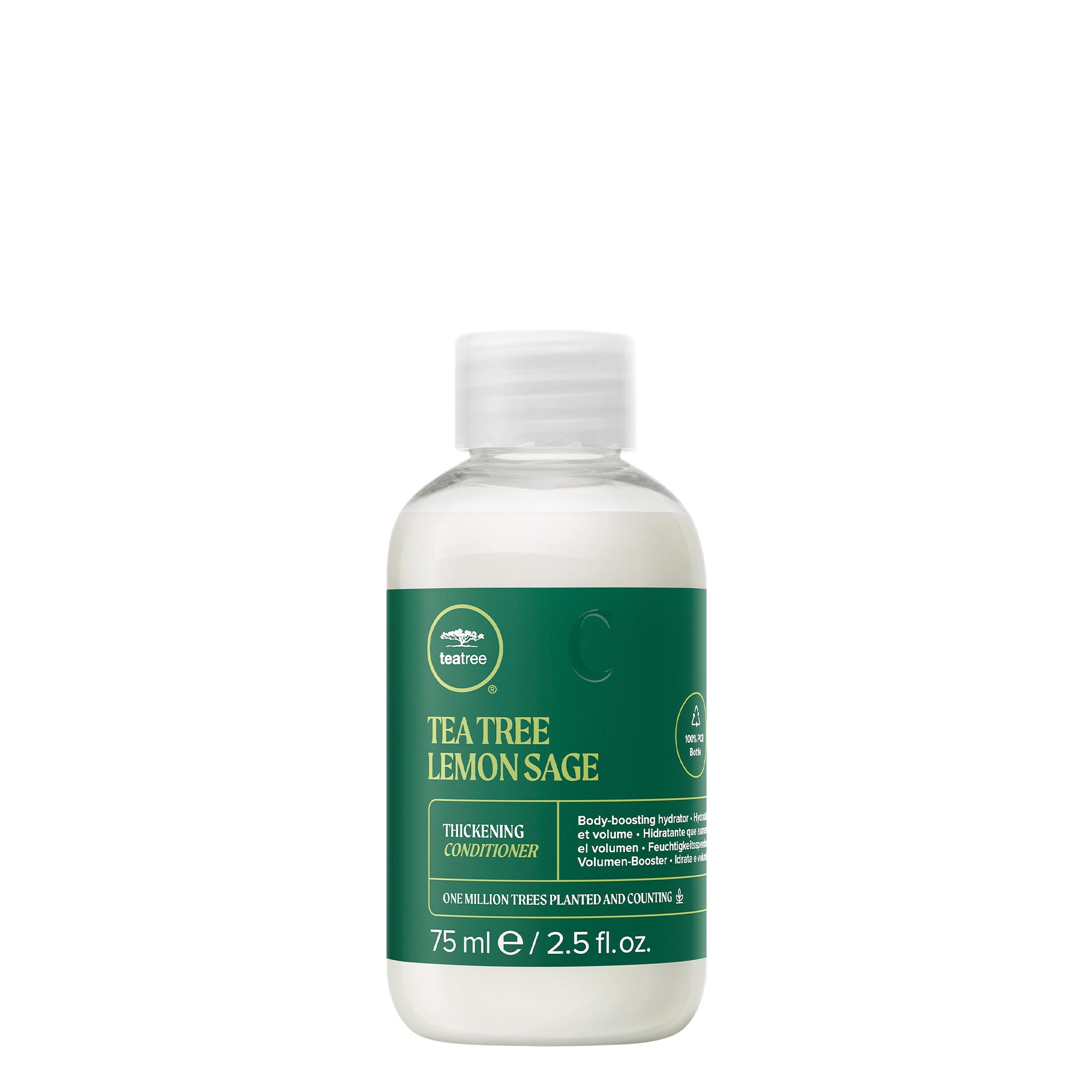 A bottle of Tea Tree Lemon Sage Thickening Conditioner on a white background
