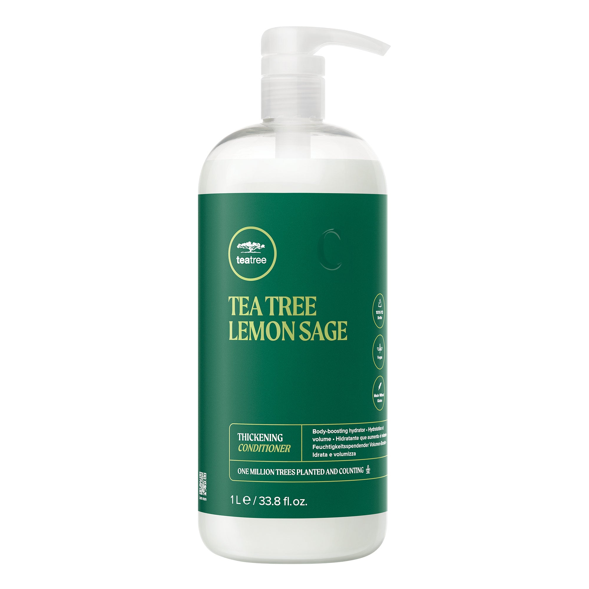 A bottle of Tea Tree Lemon Sage Thickening Conditioner on a white background
