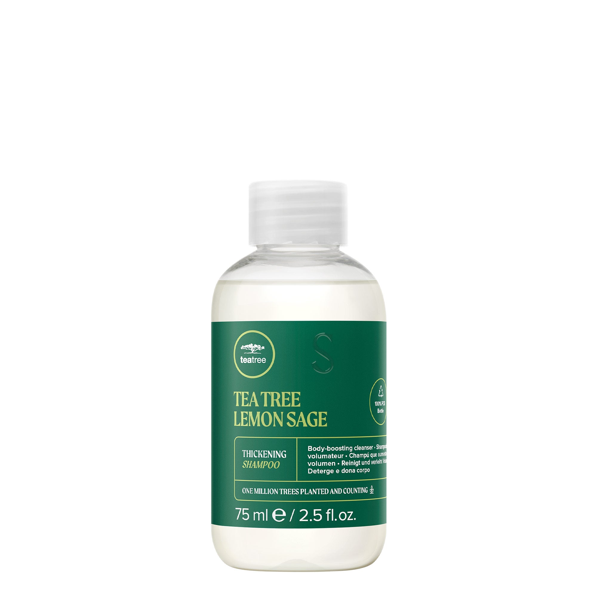 A bottle of Tea Tree Lemon Sage Thickening Shampoo on a white background