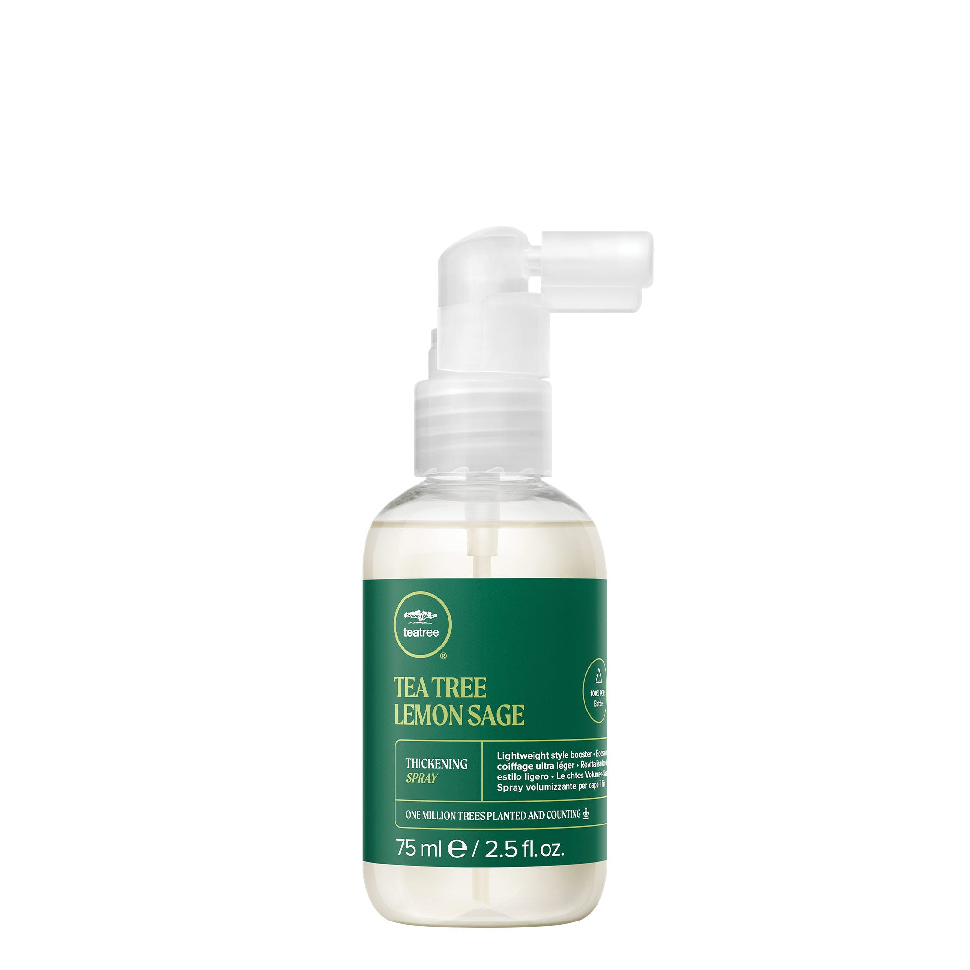 A bottle of Tea Tree Lemon Sage Thickening Spray on a white background