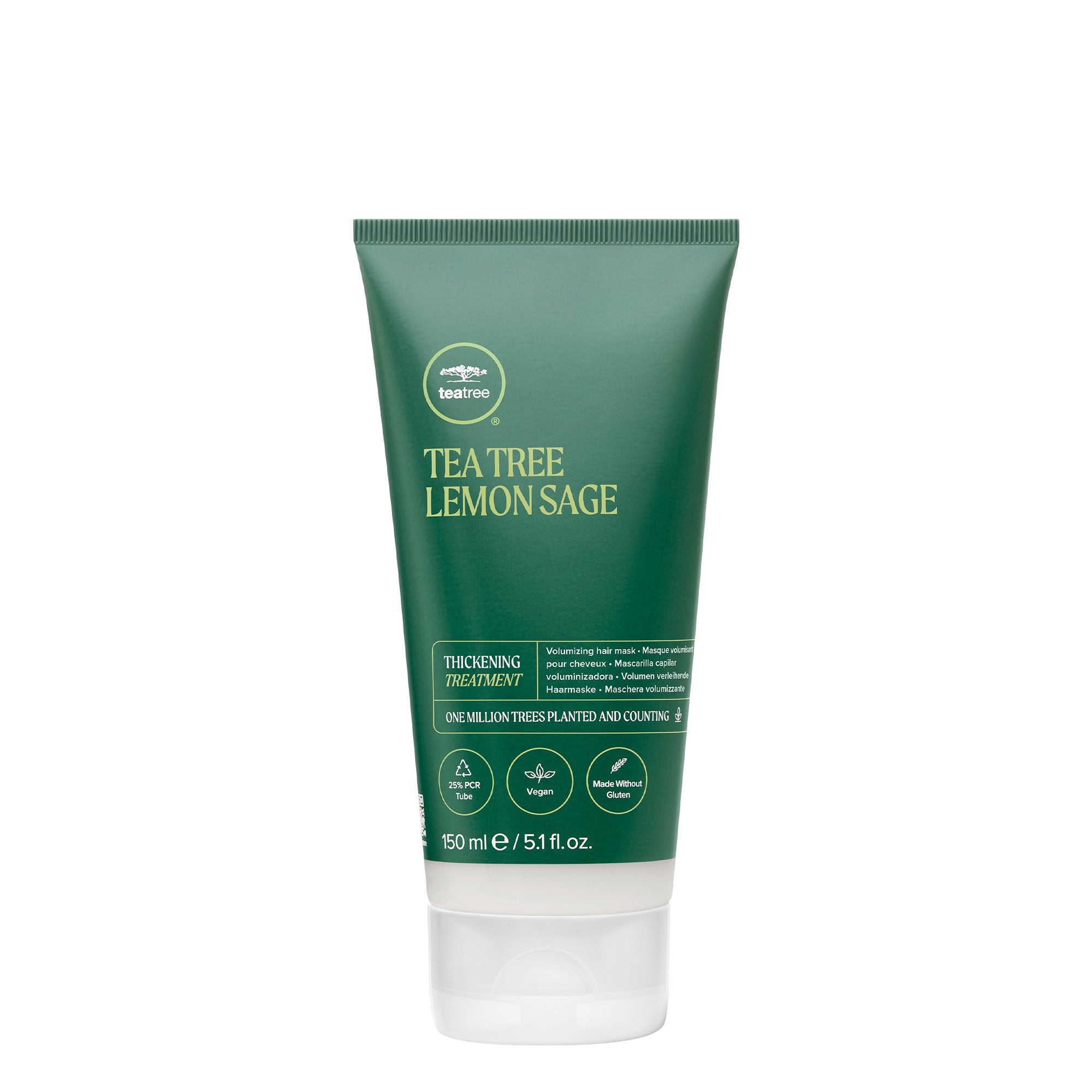 A tube of Tea Tree Lemon Sage Thickening Treatment hair mask on a white background