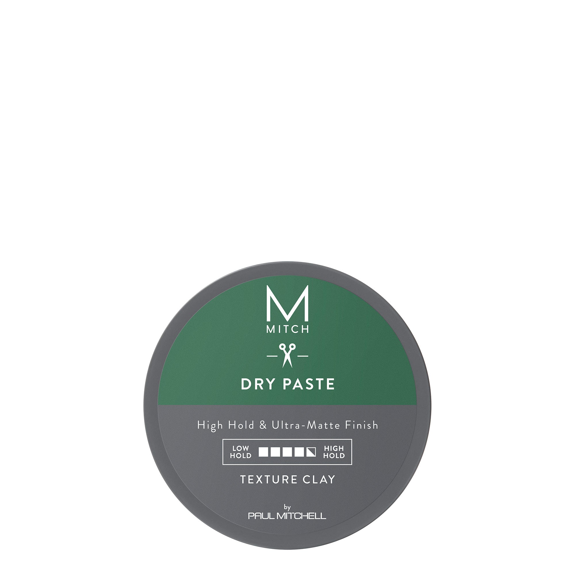A container of Mitch Dry Paste hair styling product with high hold and ultra-matte finish, labeled as texture clay.