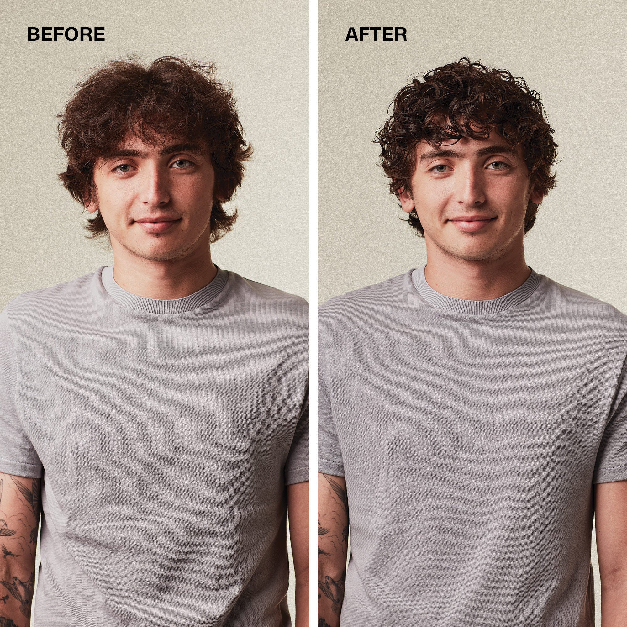 Before and after styling men’s wavy hair with MITCH Steady Grip Styling Gel.