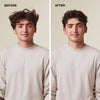 before/after image of a man with short, brunette hair