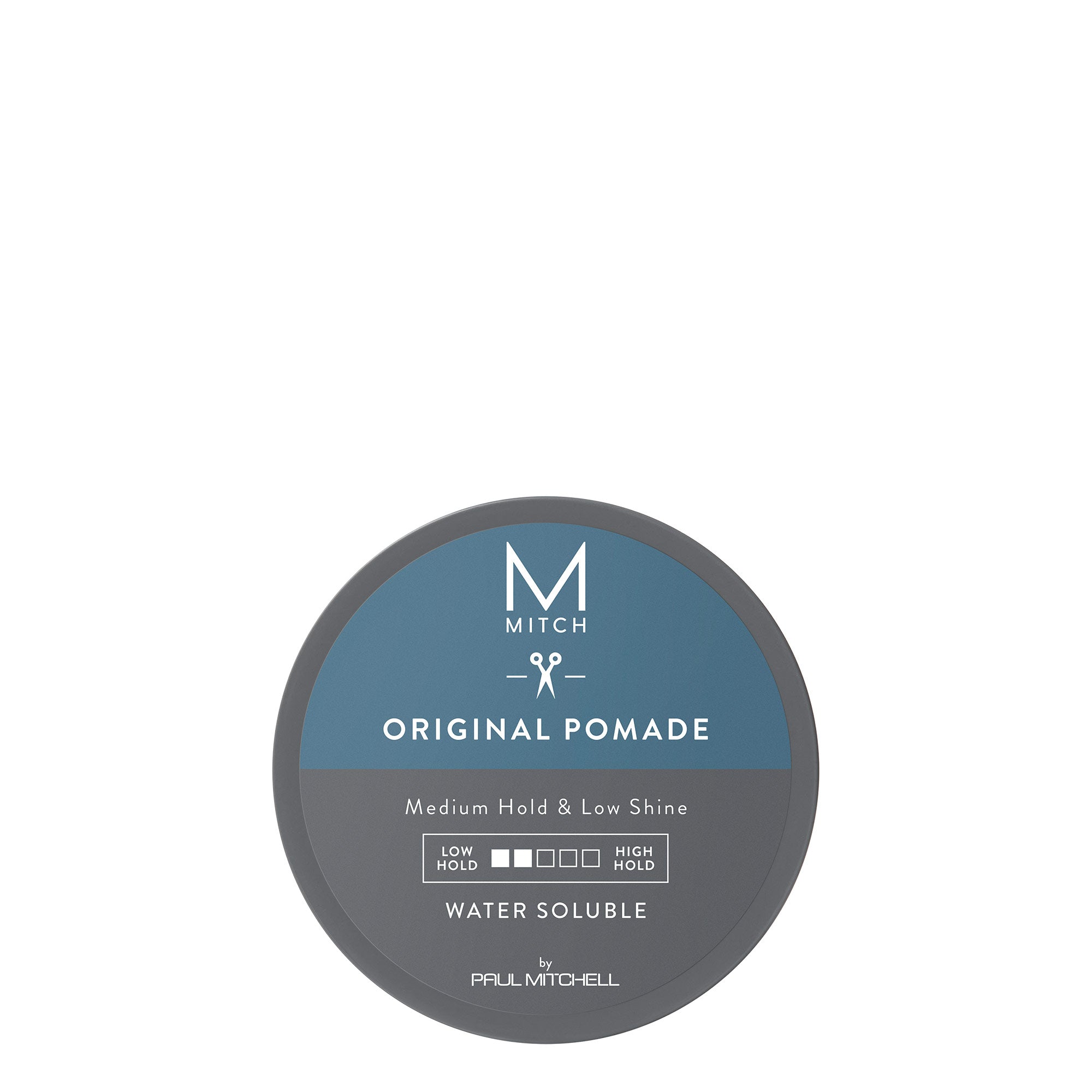 A container of Mitch Original Pomade with the label detailing the product type, medium hold and low shine, and water-soluble.
