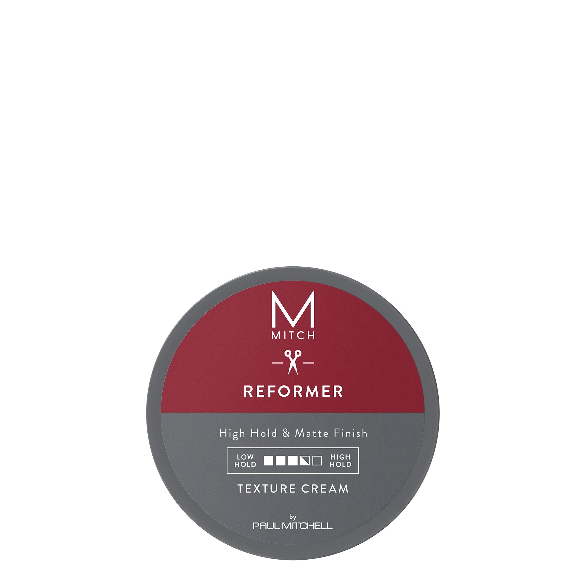 A container of Mitch Reformer Texture Cream with high hold and matte finish, designed for creating textured, relaxed hairstyles.