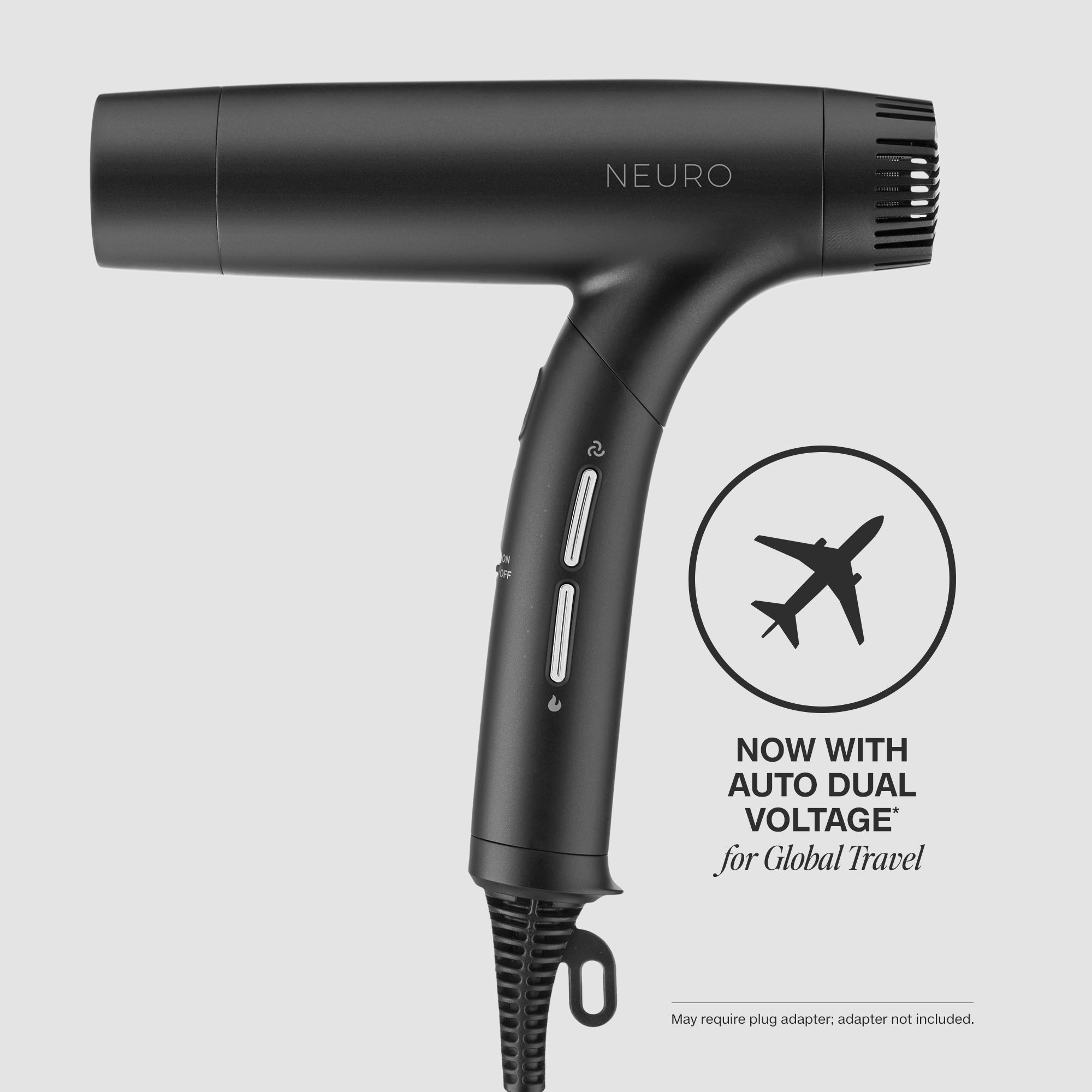 Neuro Dry+ Folding Professional Hair Dryer in black with automatic dual voltage for worldwide travel.