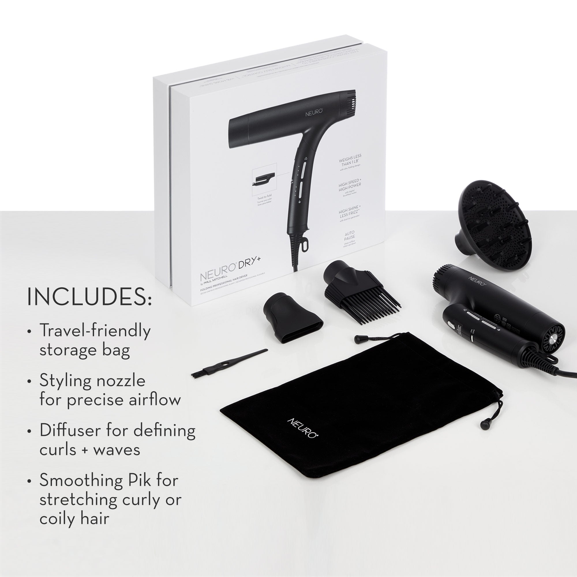 The Neuro Dry+ (Black) includes 3 attachments.