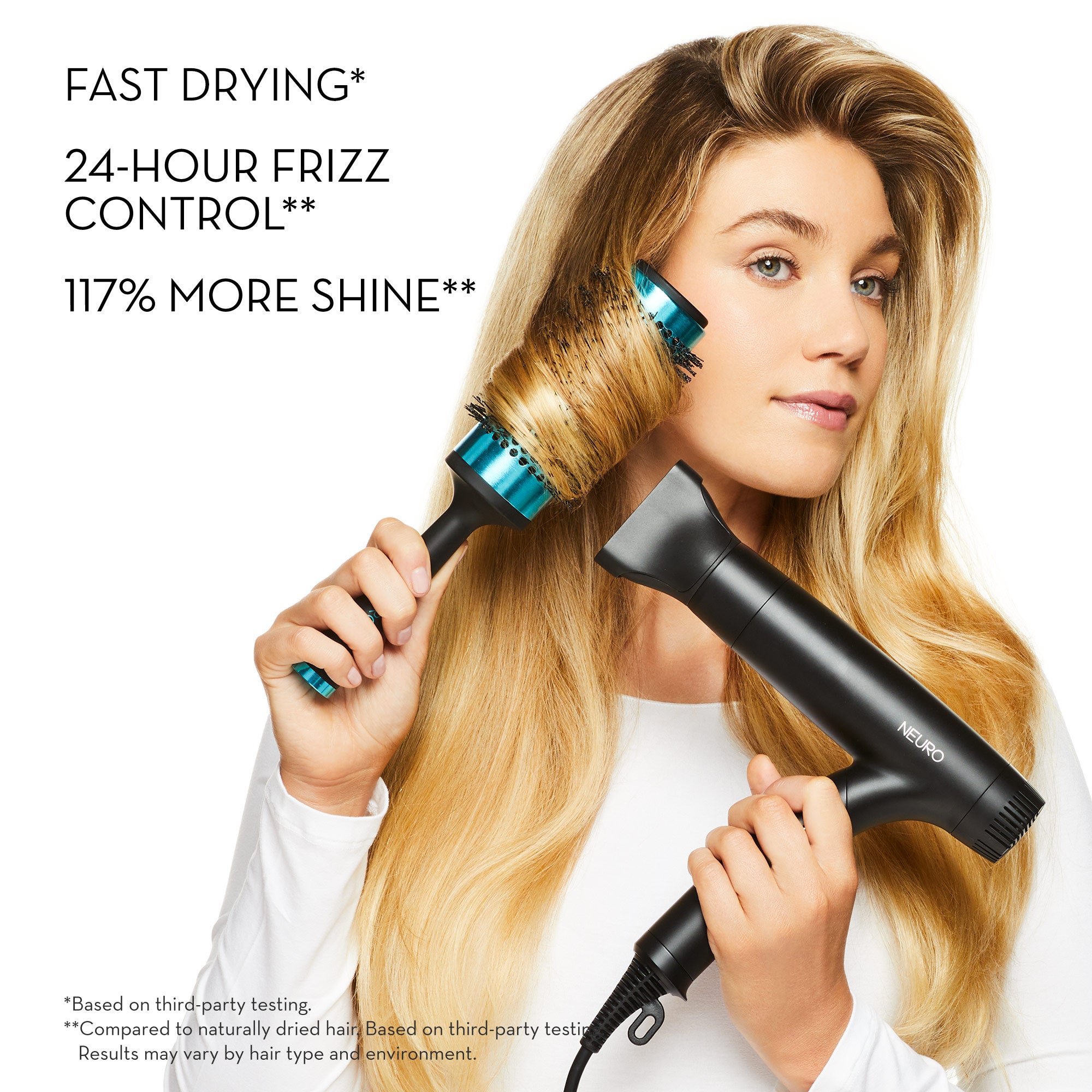 The Neuro Dry+ Hair Dryer provides fast drying, 24-hour frizz control and 117% more shine. Based on third-party testing.