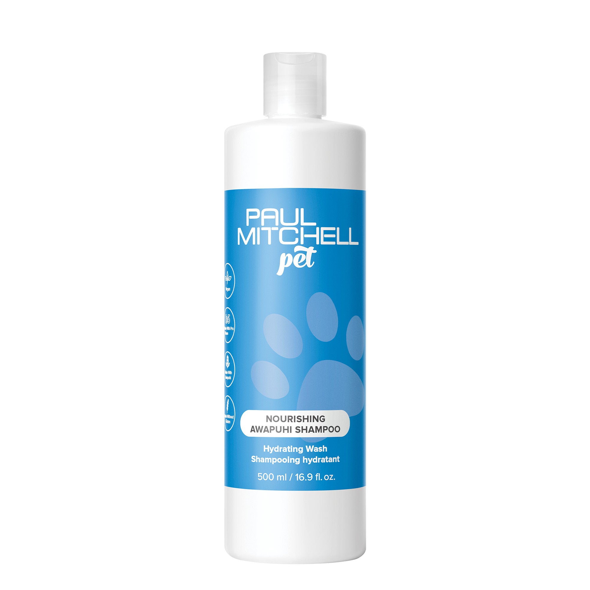 A bottle of Paul Mitchell Pet Nourishing Awapuhi Shampoo with blue and white labeling.