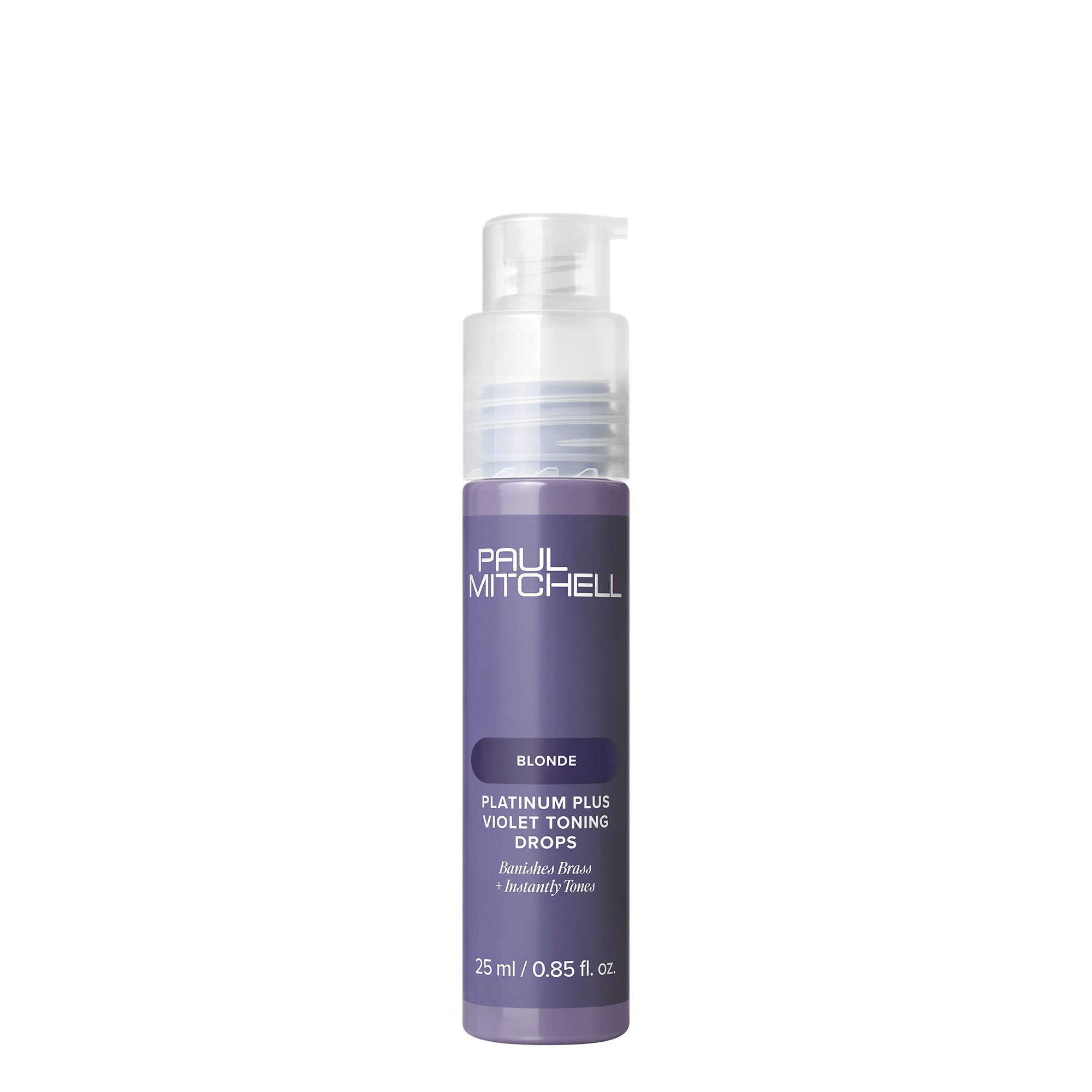 A bottle of Paul Mitchell Platinum Plus Violet Toning Drops for blonde hair on a white background