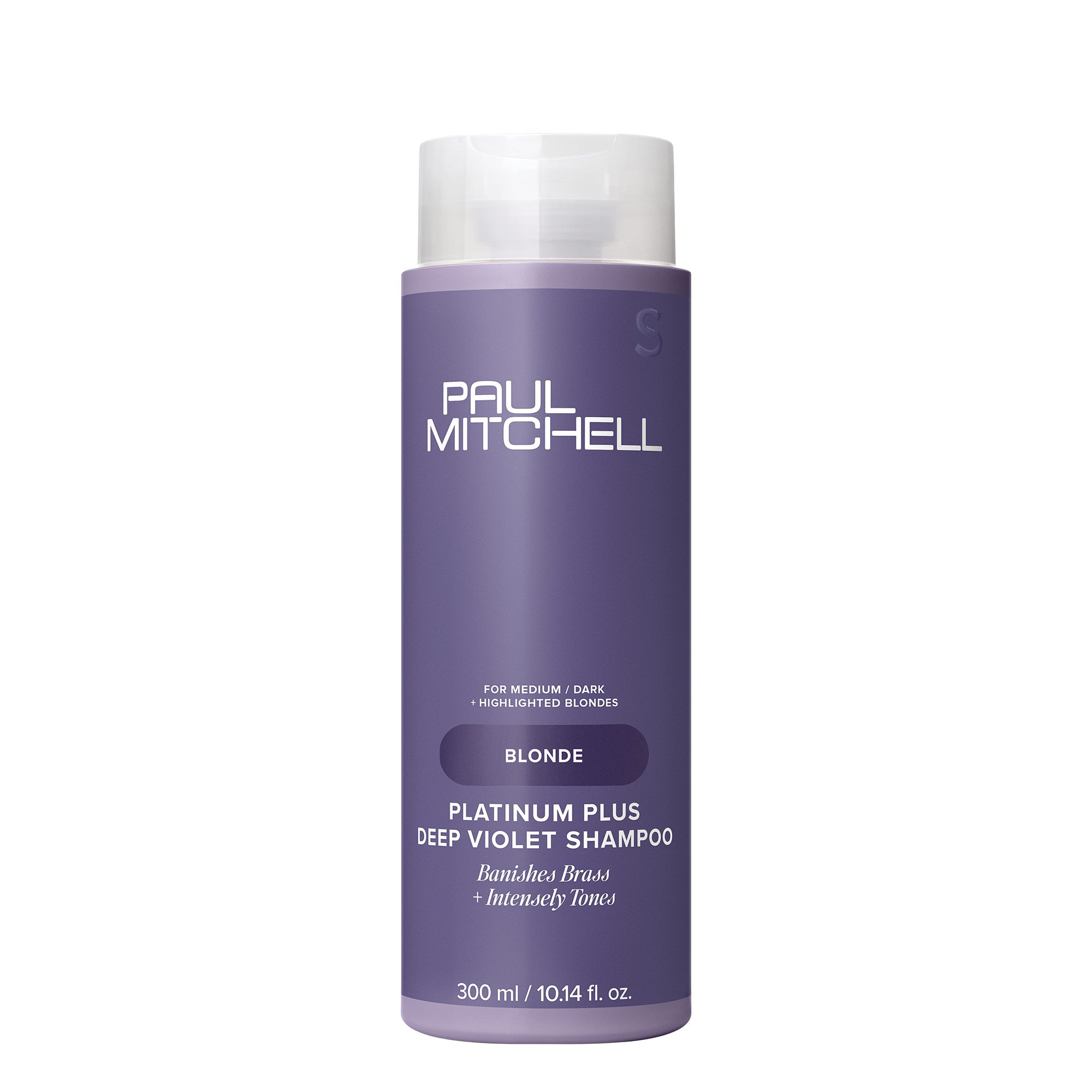 A bottle of Paul Mitchell Platinum Plus Deep Violet Shampoo on a white background